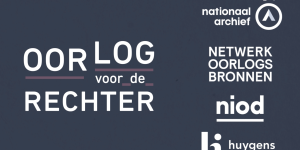 Illustratie projectlogo Oorlog voor de Rechter met consortiumleden. 