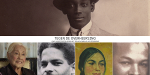 Collage met portretten van Anton de Kom, Evy Poetiray, Boy Ecury, Anda Kerkhoven en Albert Wittenberg. Netwerk Oorlogsbronnen.