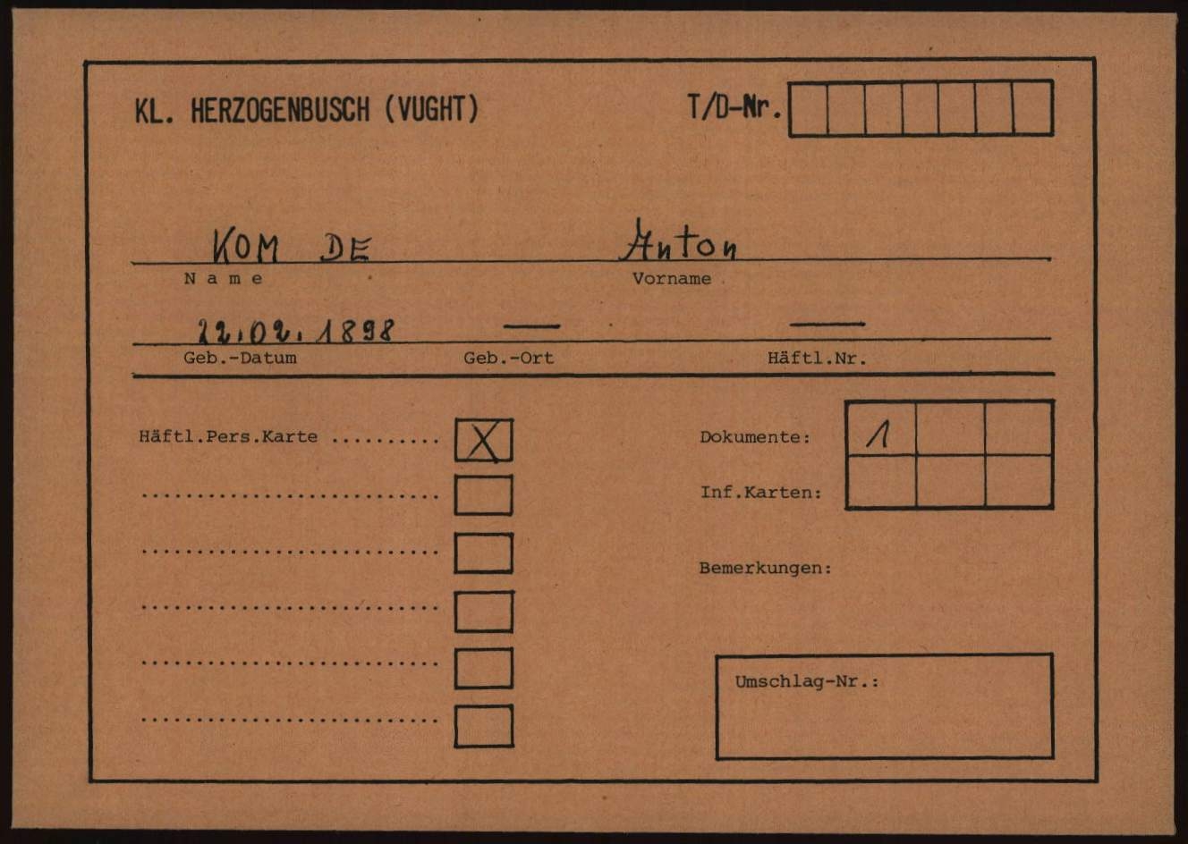Persoonskaart Kamp Vught van Anton de Kom.