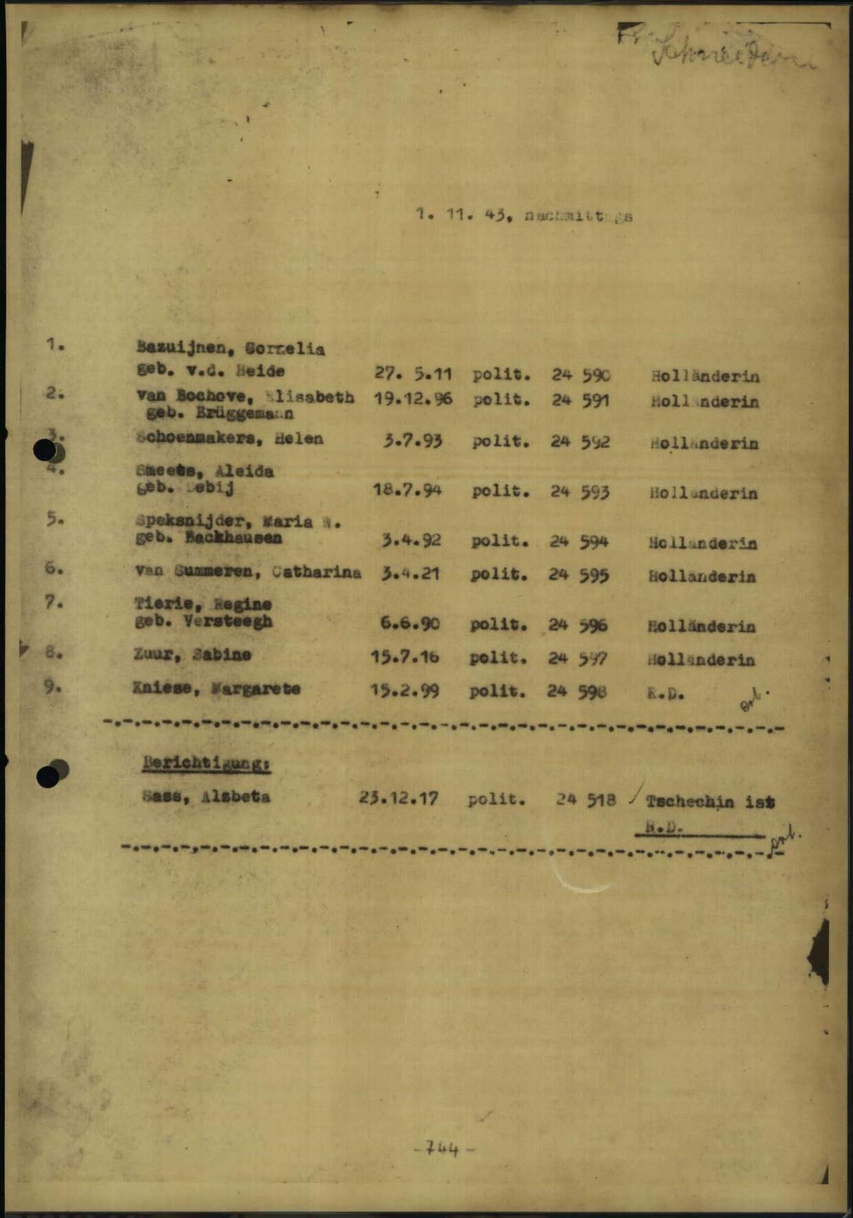 Sabine Zuur wordt op 1 november 1943 in kamp Ravensbrück geregistreerd. Haar kampnummer is 24597.