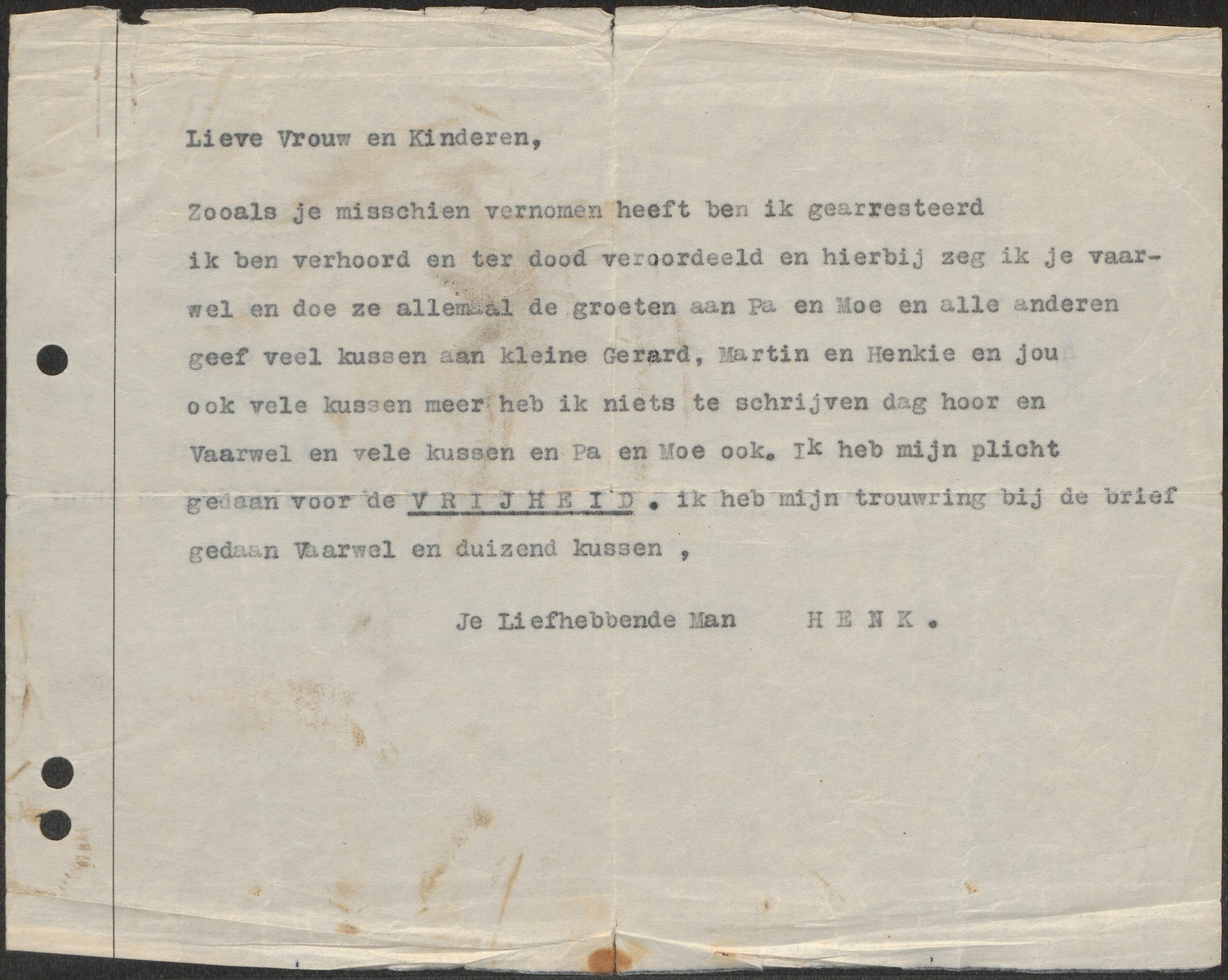 Afscheidsbrief Hendrikus Hendrik van der Meer