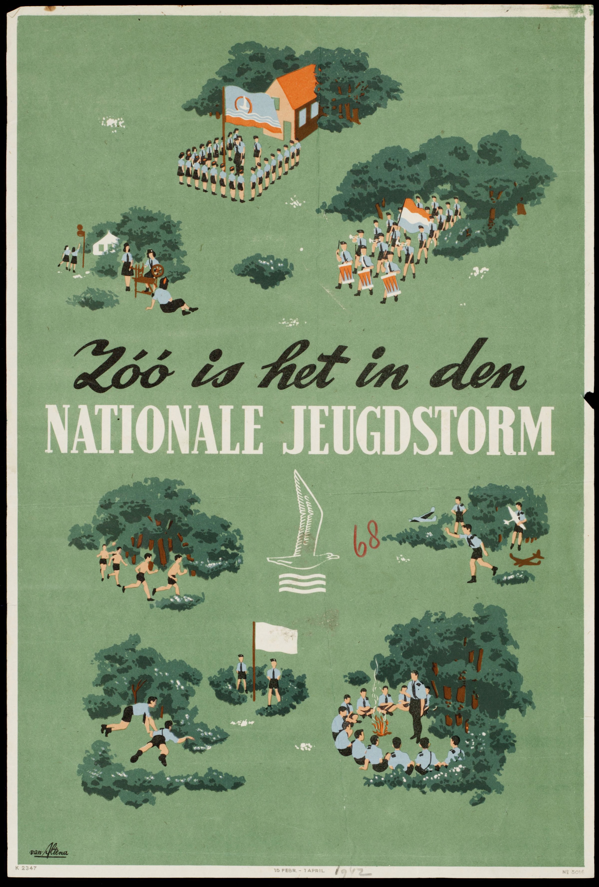 Affiche van de Nationale Jeugdstorm waarop diverse activiteiten zijn afgebeeld, zoals marcheren, op appel staan, sporten en met modelvliegtuigen oefenen.