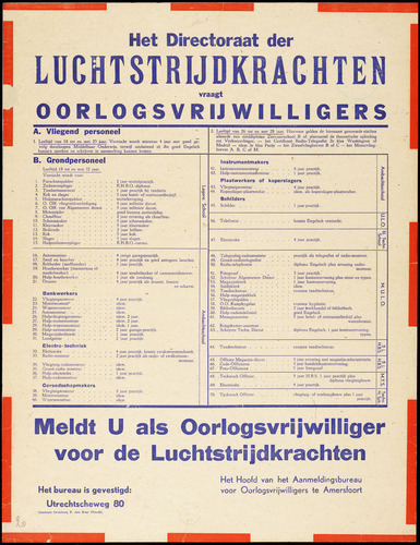 Het Directoraat der Luchtstrijdkrachten vraagt oorlogsvrijwilligers (1945). 