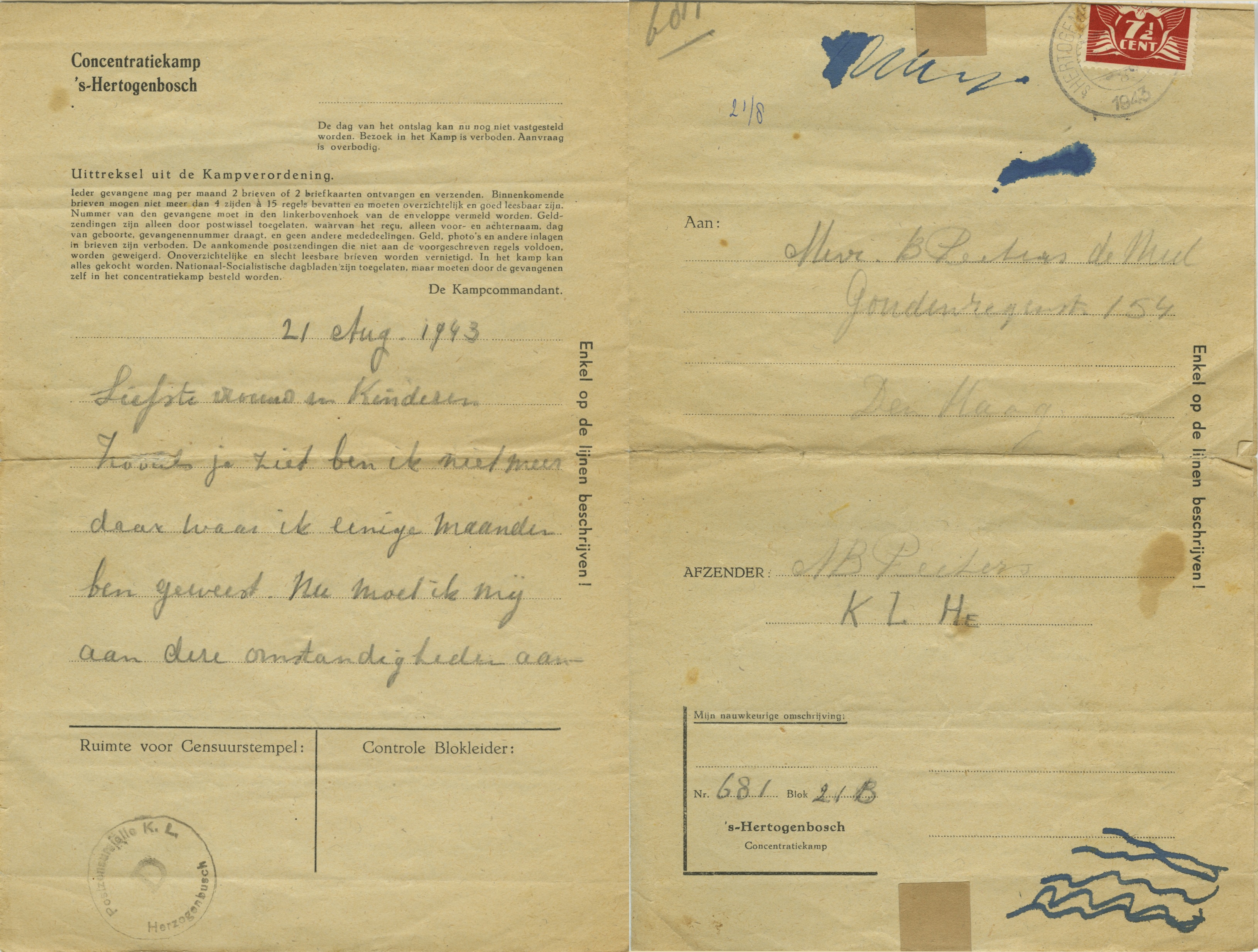 Een brief van Nico Peeters uit Kamp Vught, 21 augustus 1943.