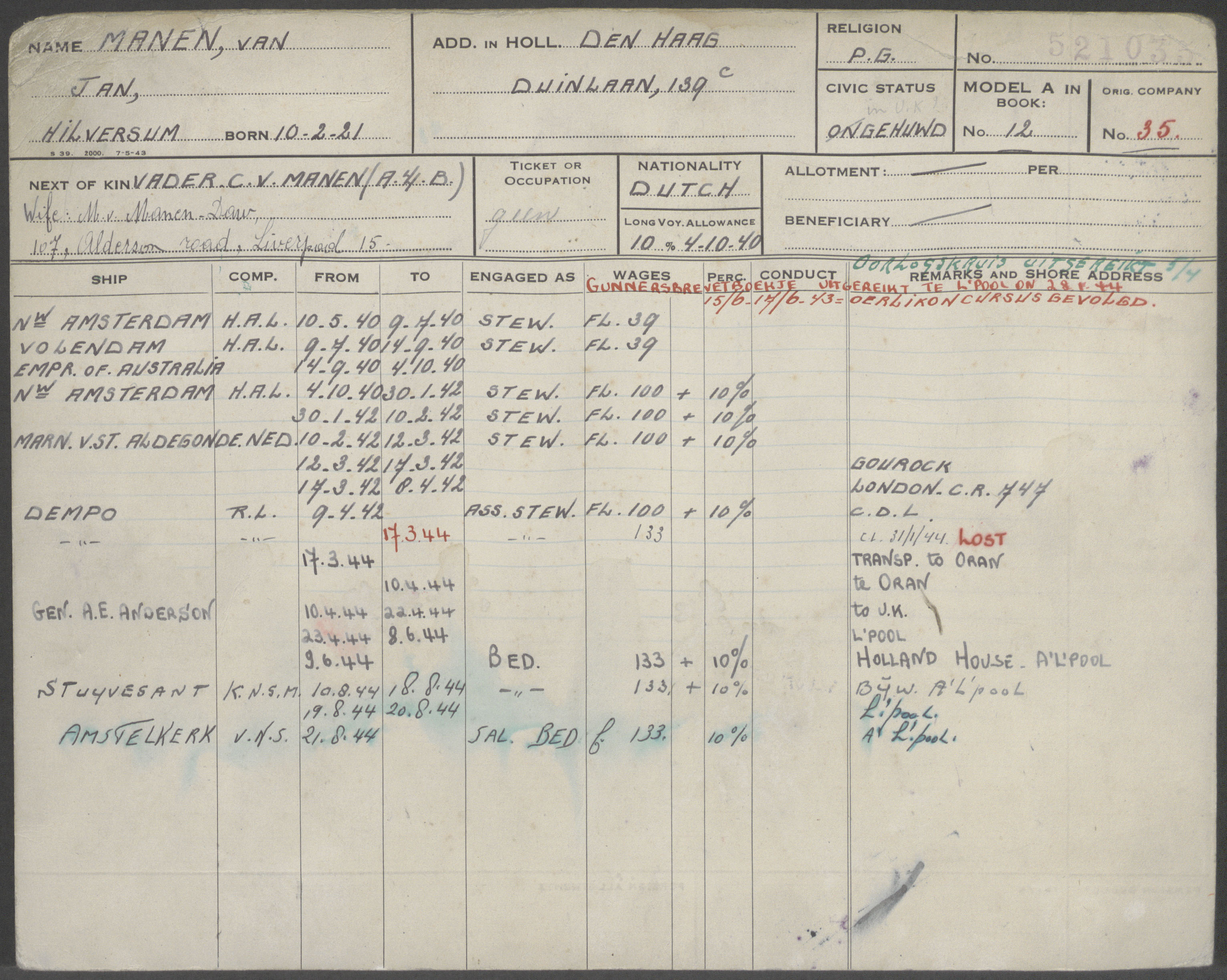 Registratiekaart koopvaardij Jan van Manen