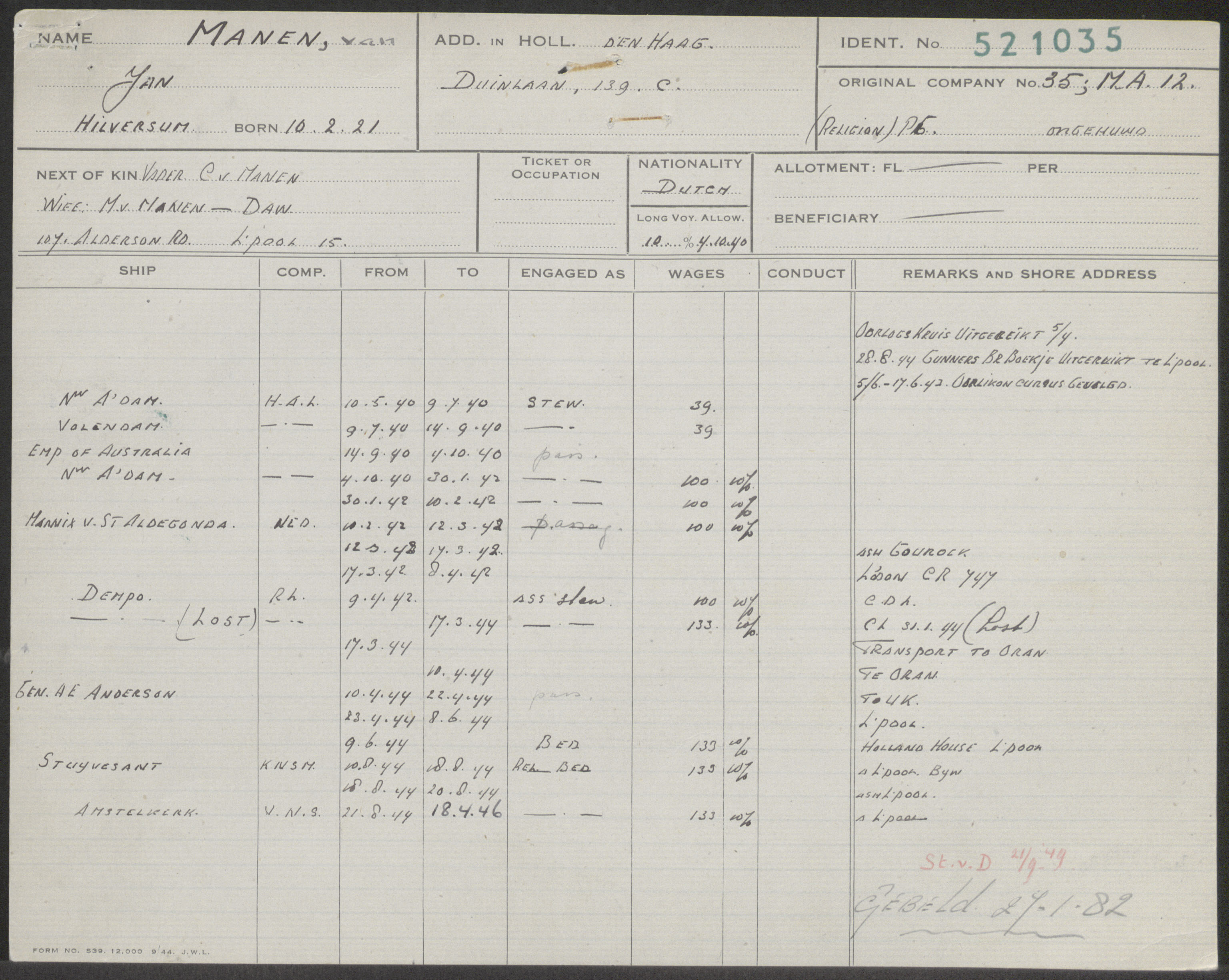 Registratiekaart koopvaardij Jan van Manen.