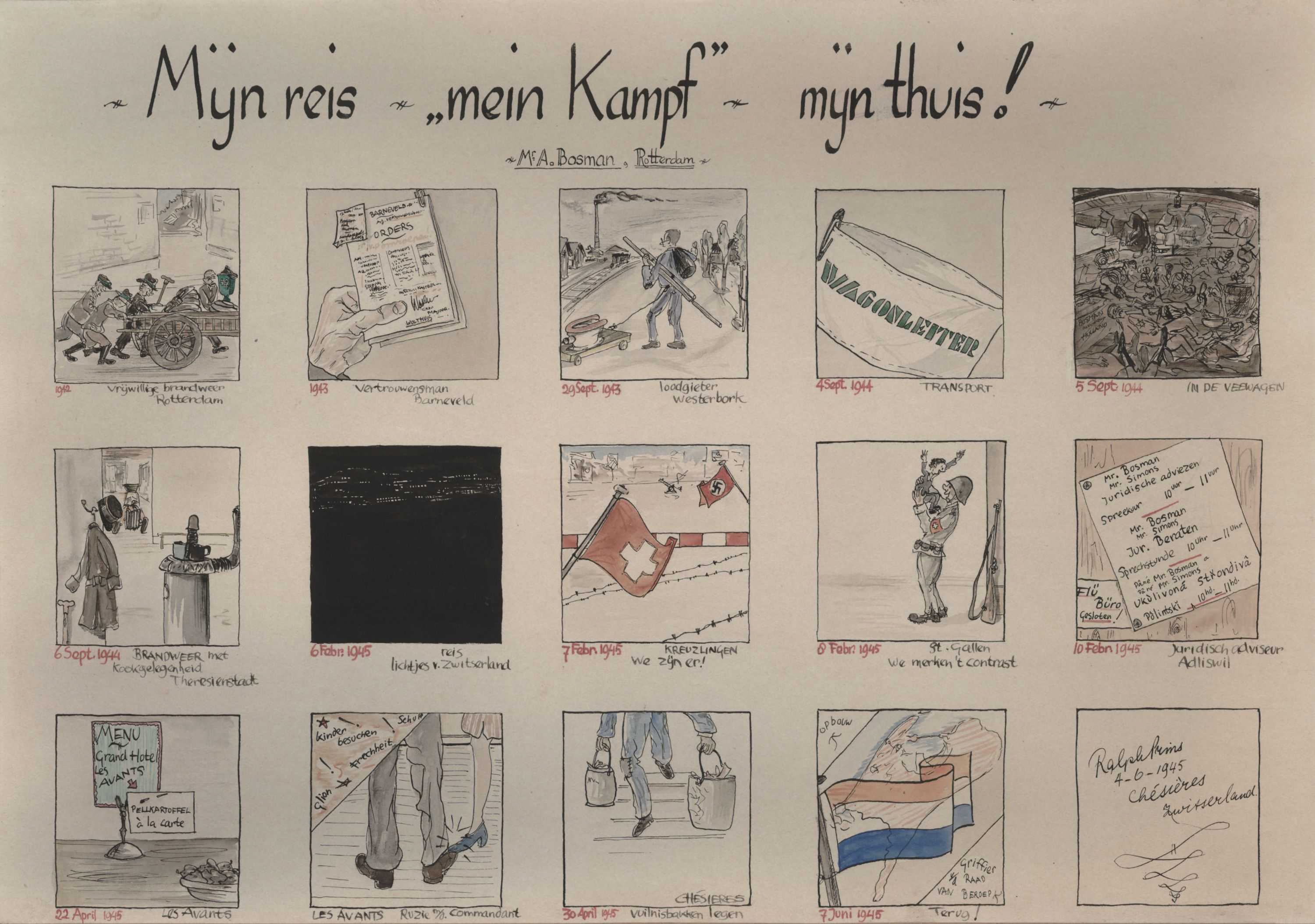 Tekening van de reis van Alexander Bosman gemaakt door kunstenaar Ralph Prins in Zwitserland.