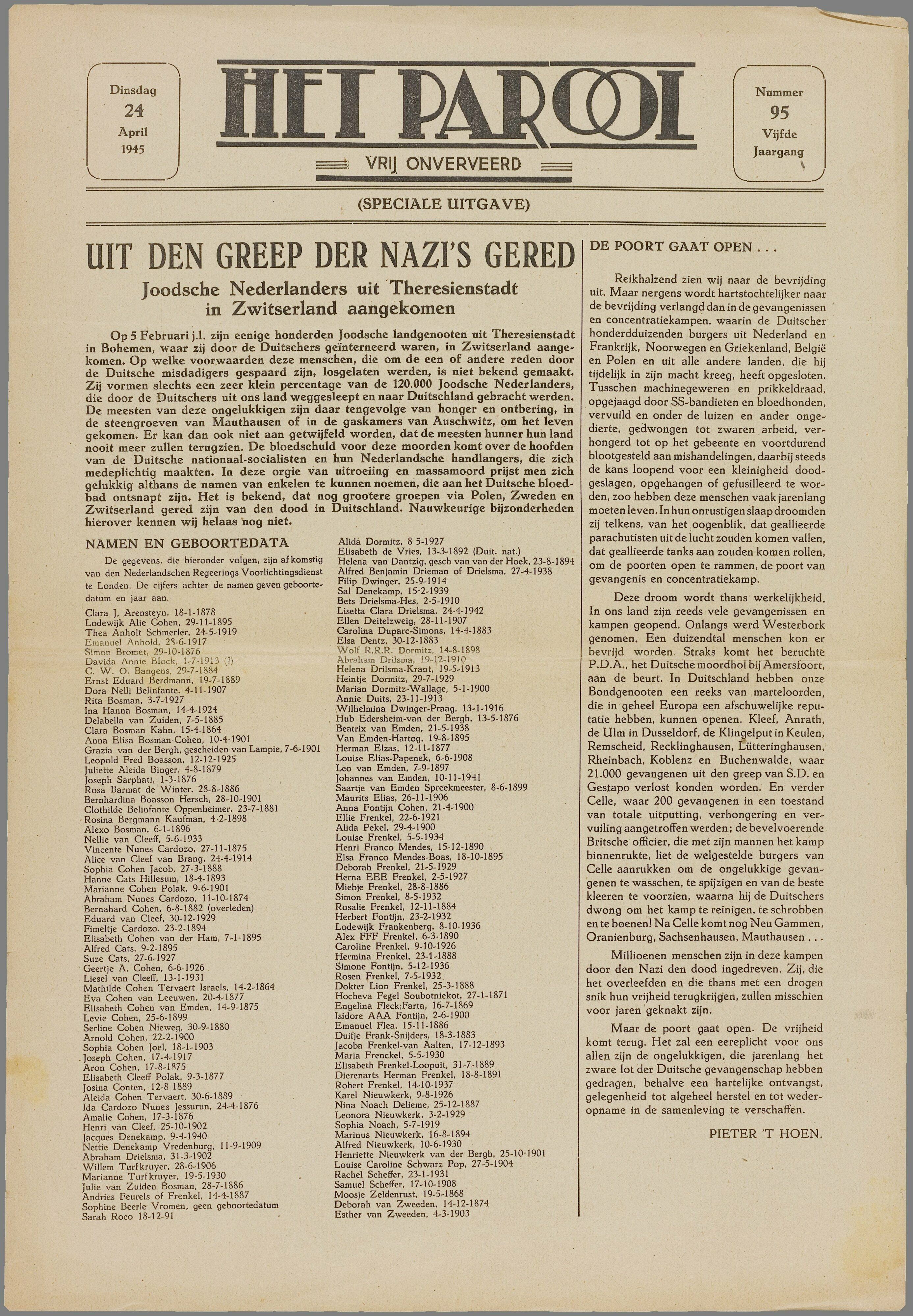 Het Parool, 24 april 1945. Namen van personen op het uitwisselingstransport.