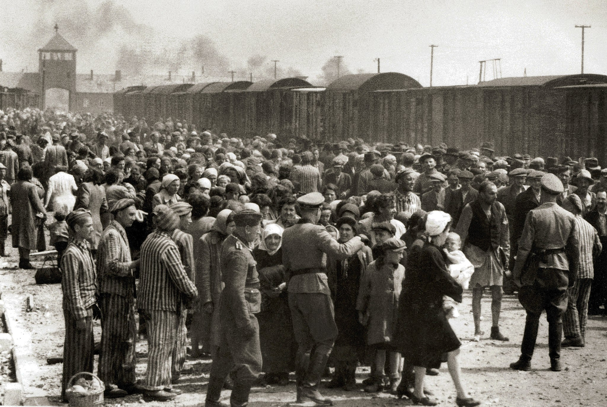 Selectie op het perron in Auschwitz, met als tweede van links Maurice Schellekens. Na het Sonderkommando komt hij terecht in het Kanada-kommando, waar hij de bagage van de gedeporteerden moet afnemen.