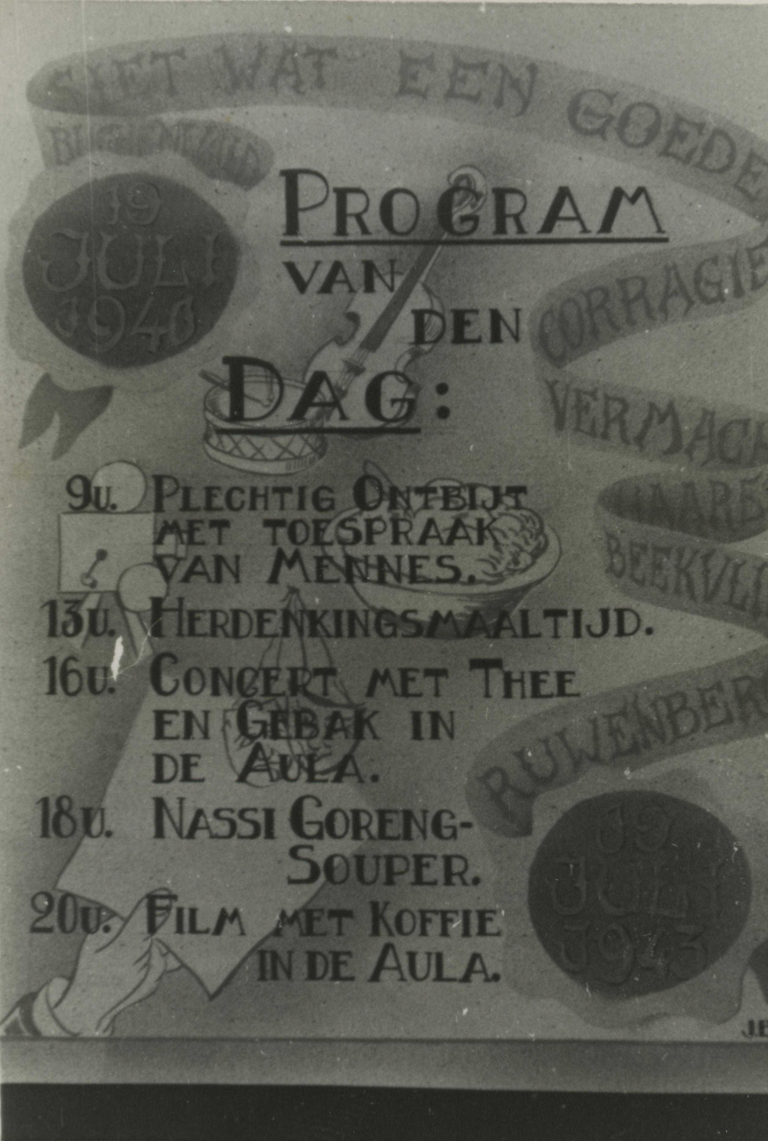 Een door de gegijzelden gemaakt affiche van een herdenkingsbijeenkomst op 19 juli 1943.