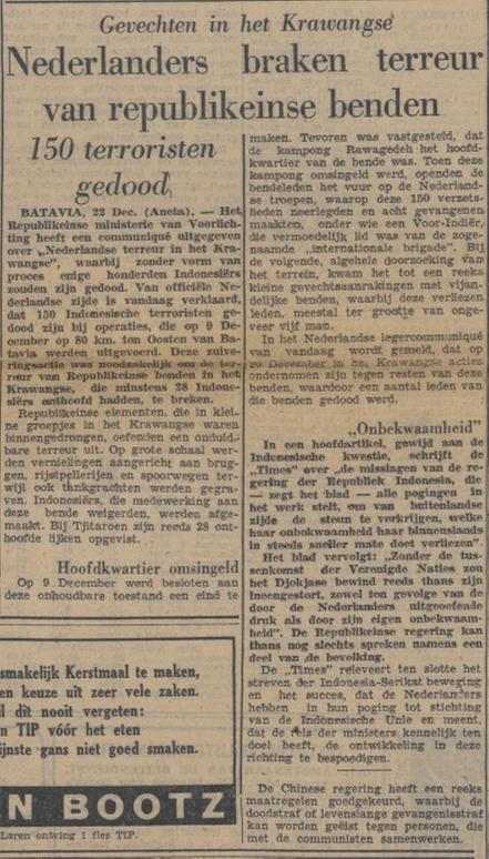 "Nederlanders braken terreur van van republikeinse benden". Een Volkskrant-artikel van 23 december 1947 over het bloedbad in Rawagede.