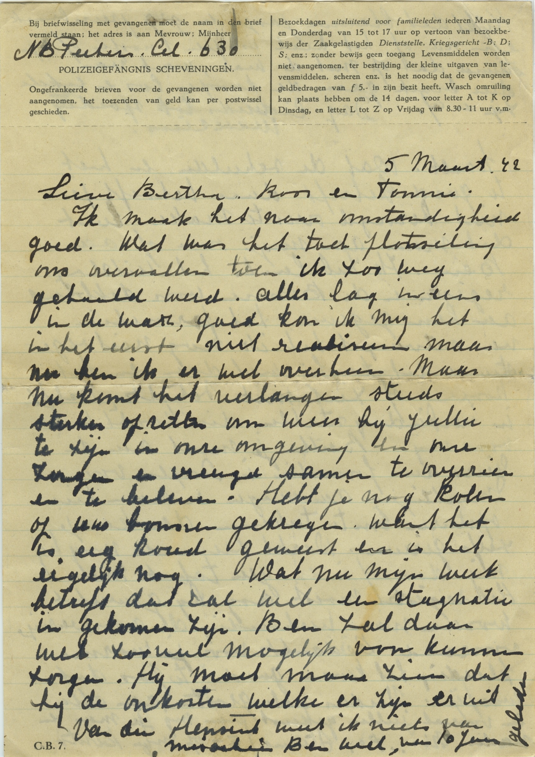 Eerste brief van 5 maart 1943. In het briefhoofd staan de gevangenisregels. In de brief van 29 mei zijn de bezoekdagen en het inruilen van de was doorgestreept. Familiearchief Nico Peeters.