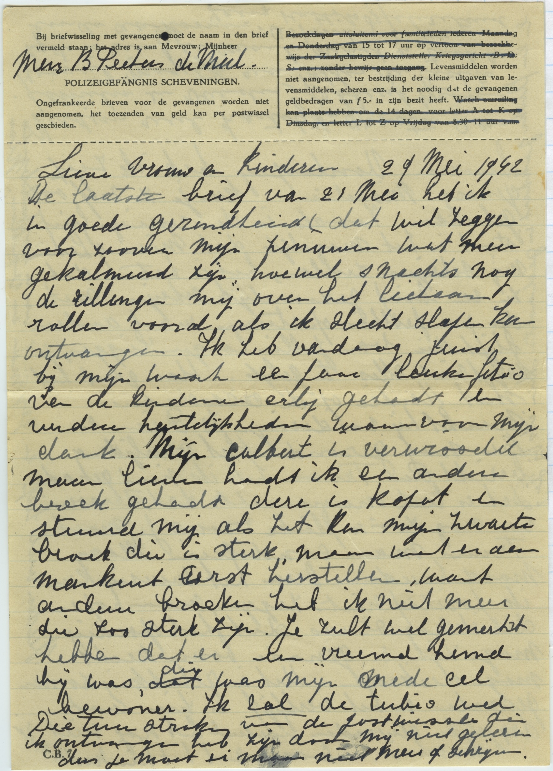 Eerste brief van 5 maart 1943. In het briefhoofd staan de gevangenisregels. In de brief van 29 mei zijn de bezoekdagen en het inruilen van de was doorgestreept. Familiearchief Nico Peeters.