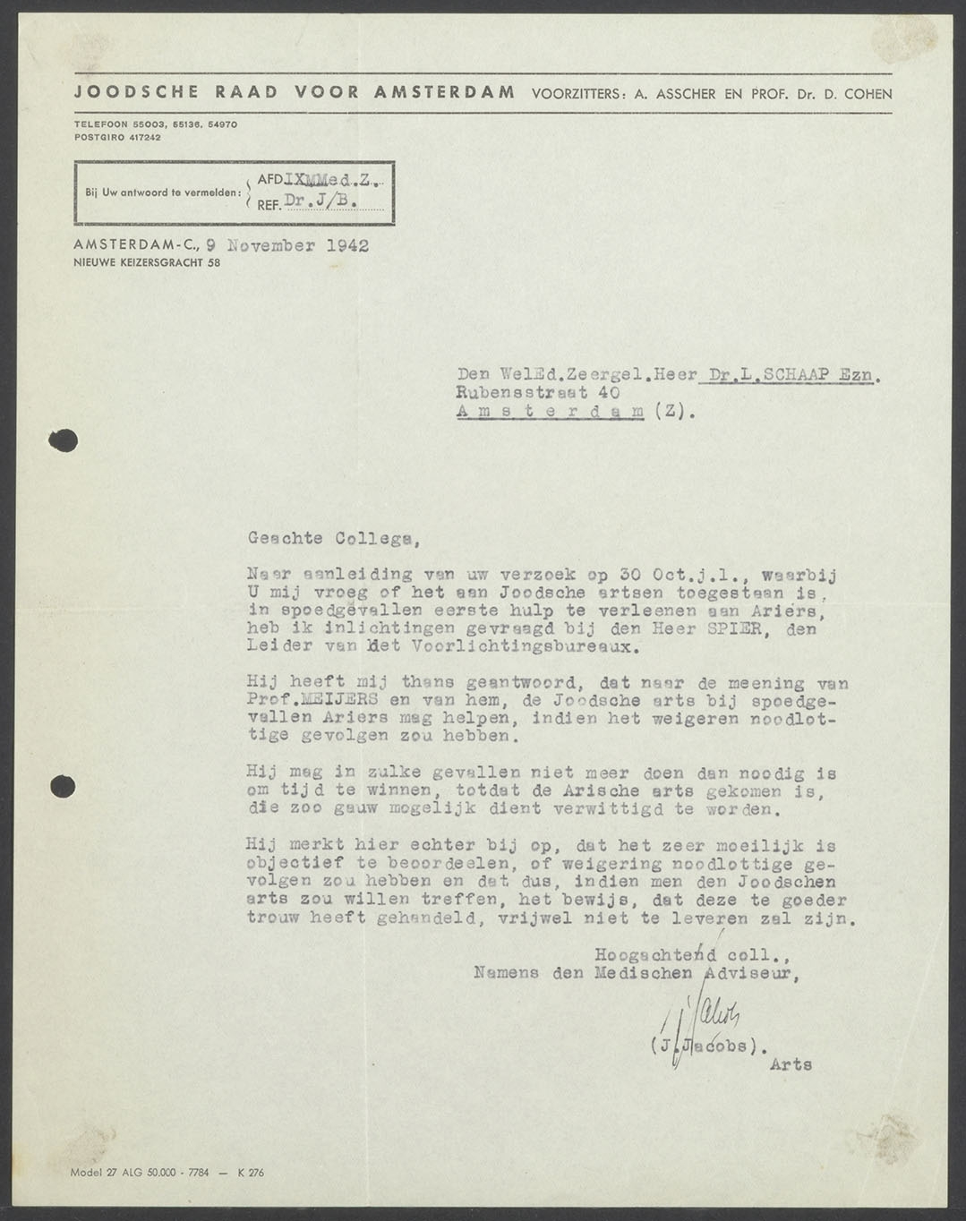 Brief waarin Louis Schaap vraagt of hij noodhulp mag verlenen aan niet-Joden.