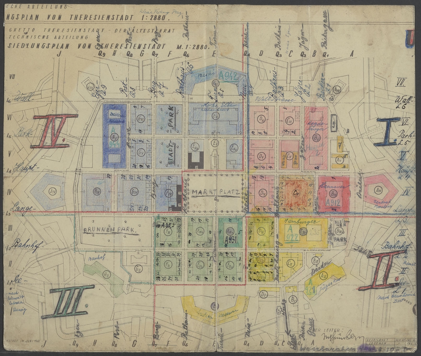 Getekende plattegrond van Theresienstadt, uit het archief van Louis Schaap.