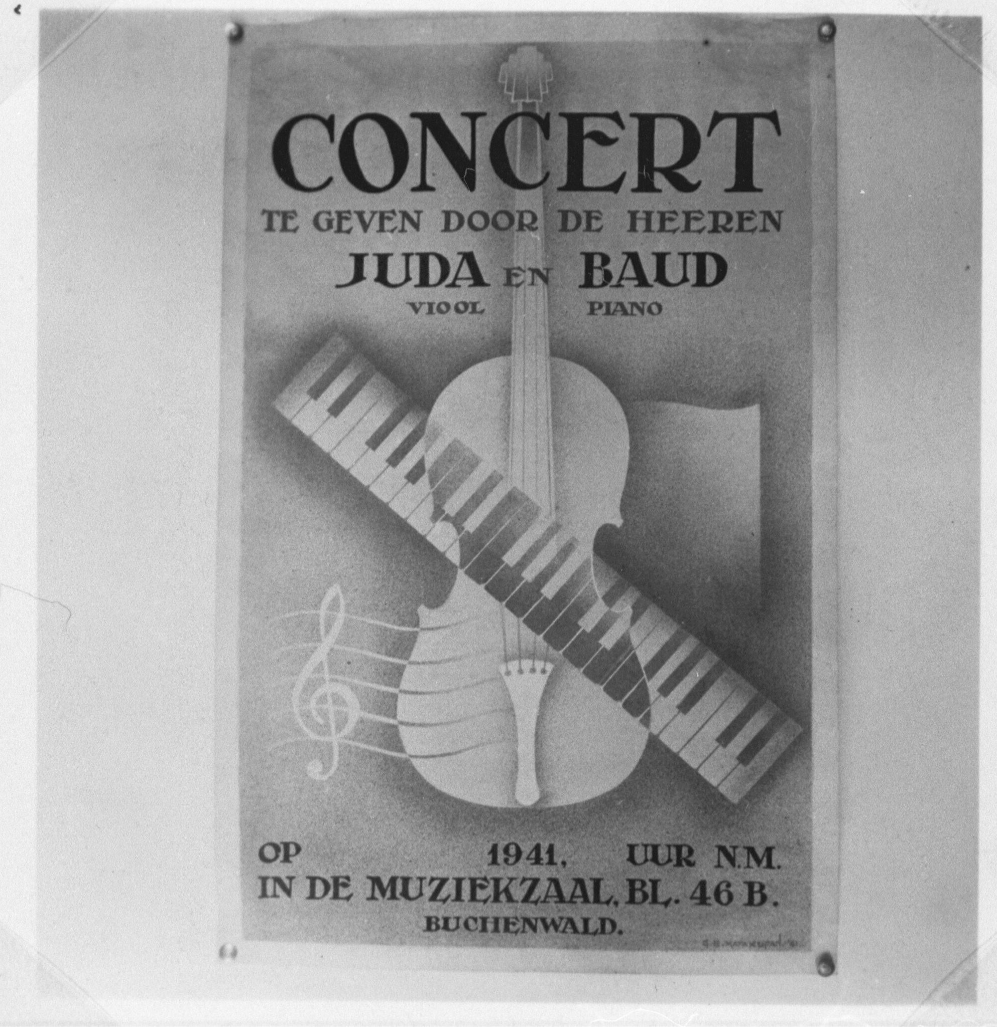 Een door de gegijzelden gemaakt affiche dat het openluchtconcert in Buchenwald van Juda en Baud in 1941 aankondigde.