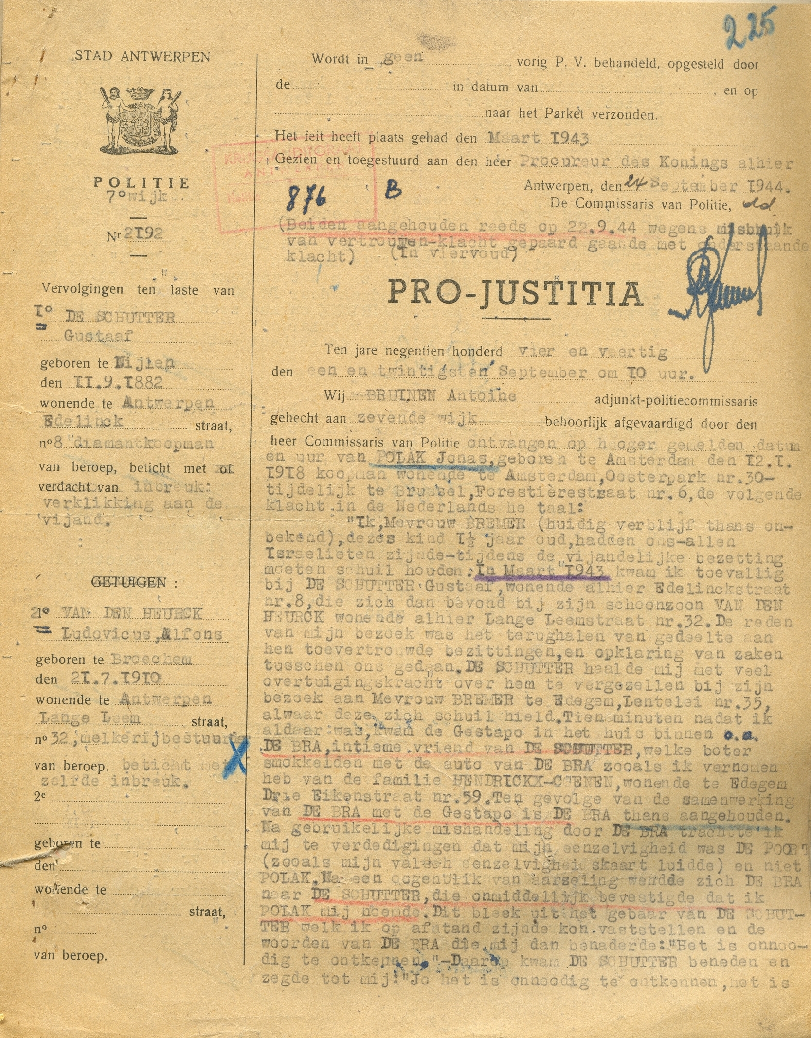 Klacht van Jonas Polak tegen zijn verraders, Brussel, 21 september 1944. De Belgische rechtbanken hebben de verraders niet veroordeeld.