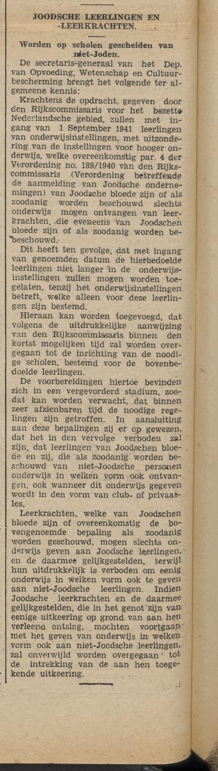Krantenartikel met de aankondiging dat Joodse leerlingen en leraren worden gescheiden van niet-Joden. "Nieuwe Winterswijksche courant". Winterswijk, 01-09-1941, p. 2.