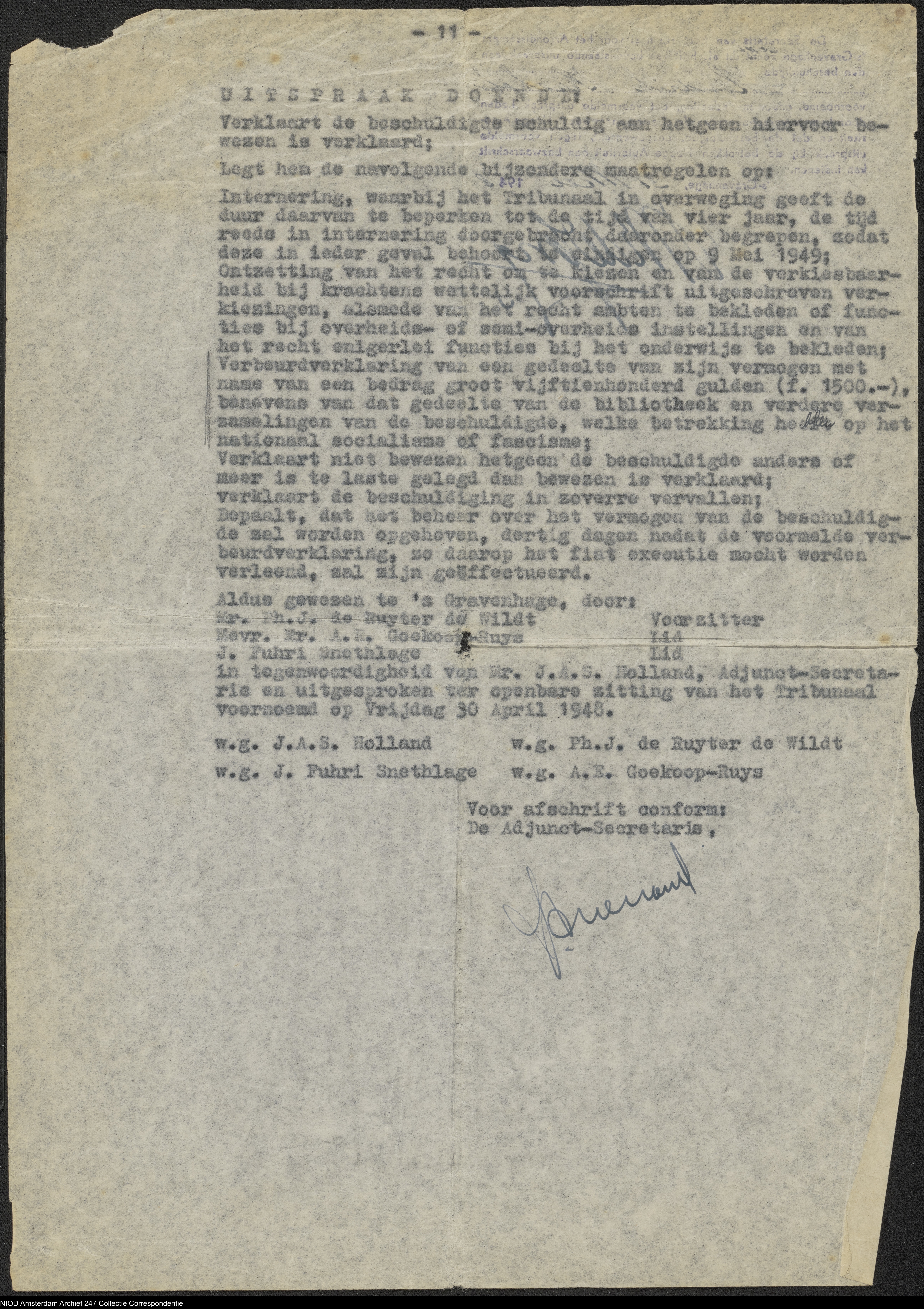 Uitspraak van Tribunaal Den Haag in april 1948