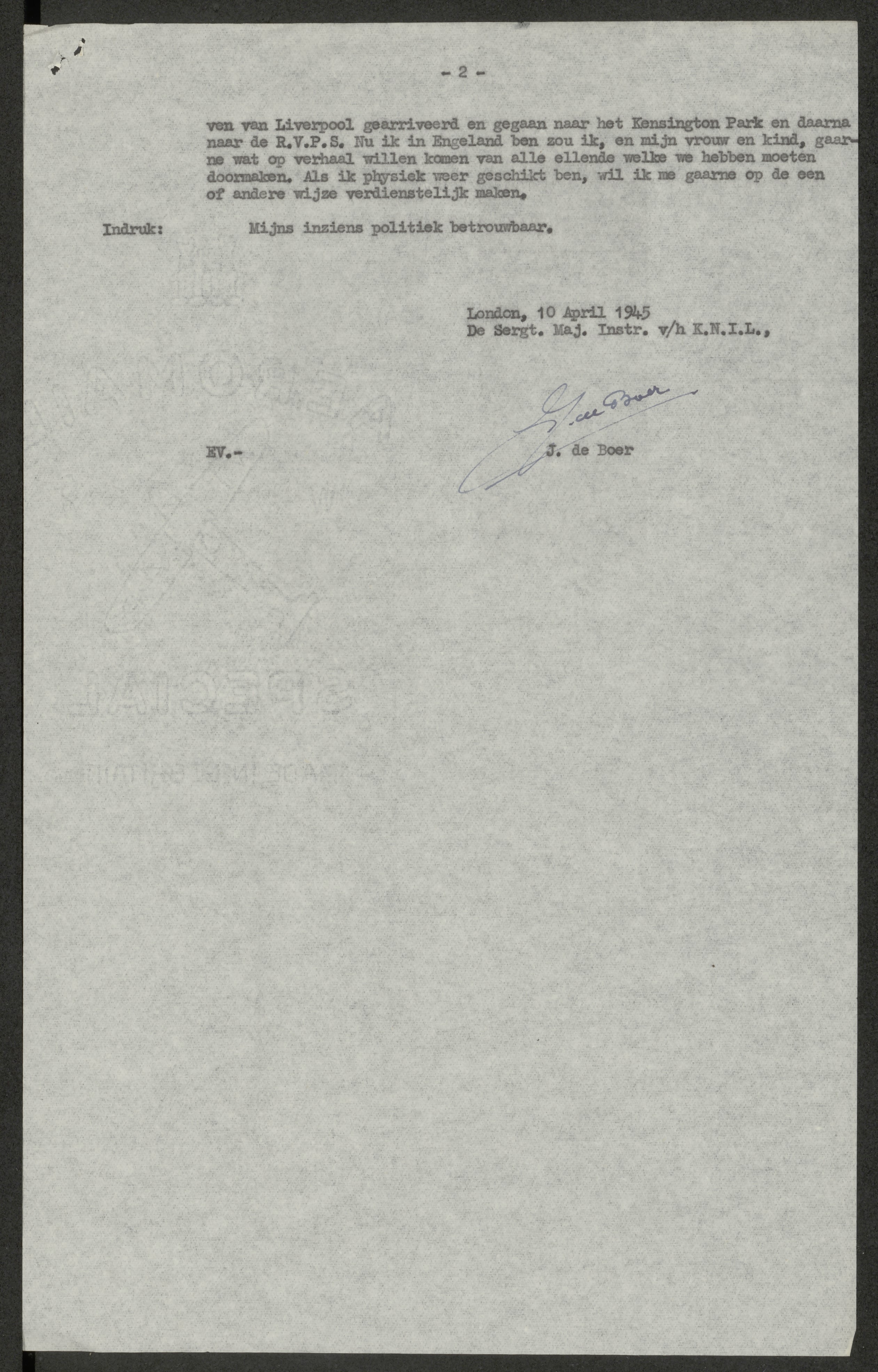 Verhoor van Jacques Engelsman na aankomst in Engeland, afgenomen op 10 april 1945.