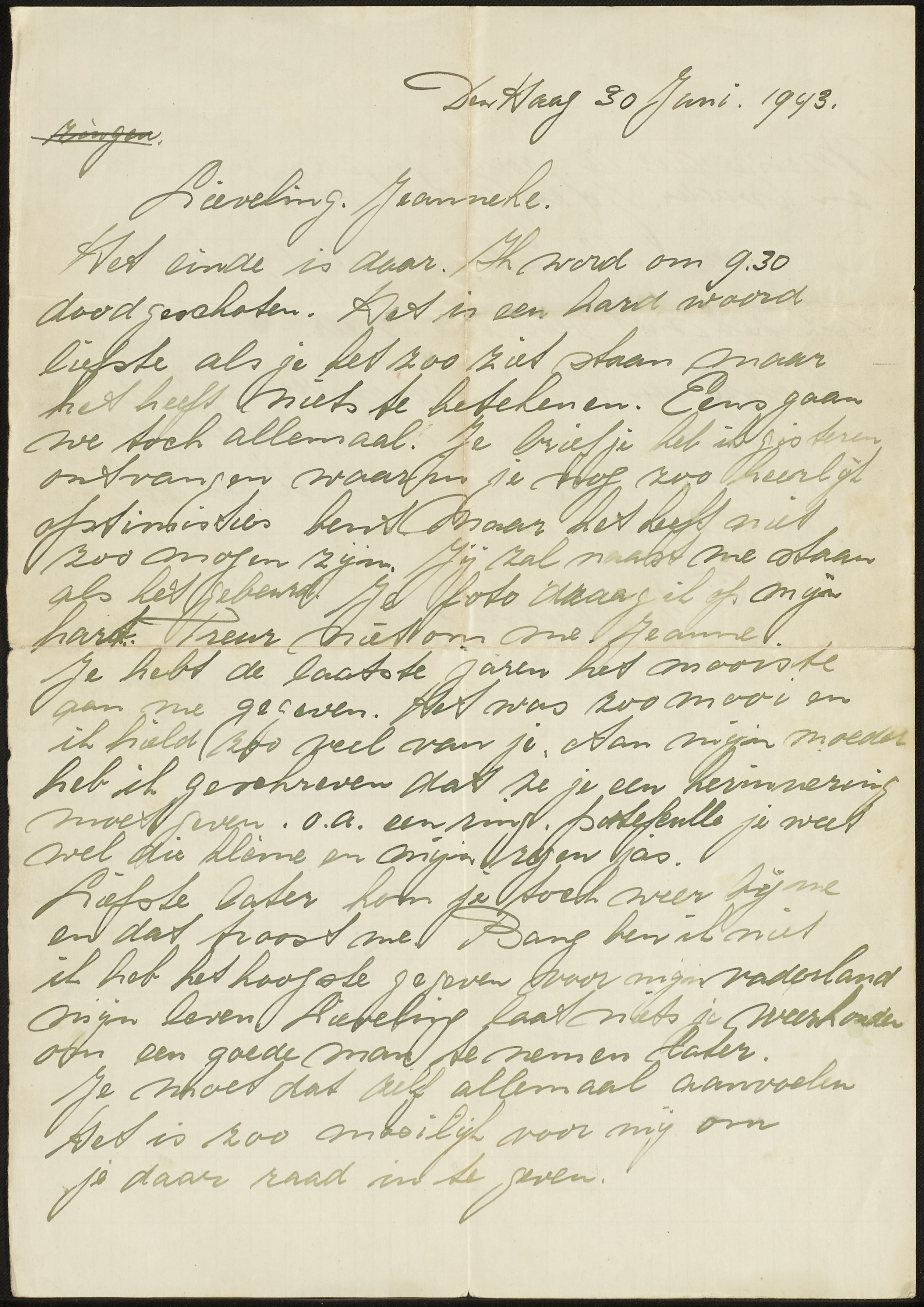 Afscheidsbrief van Henny Middendorp aan Jeanneke vanuit het Oranjehotel, 30 juni 1943.