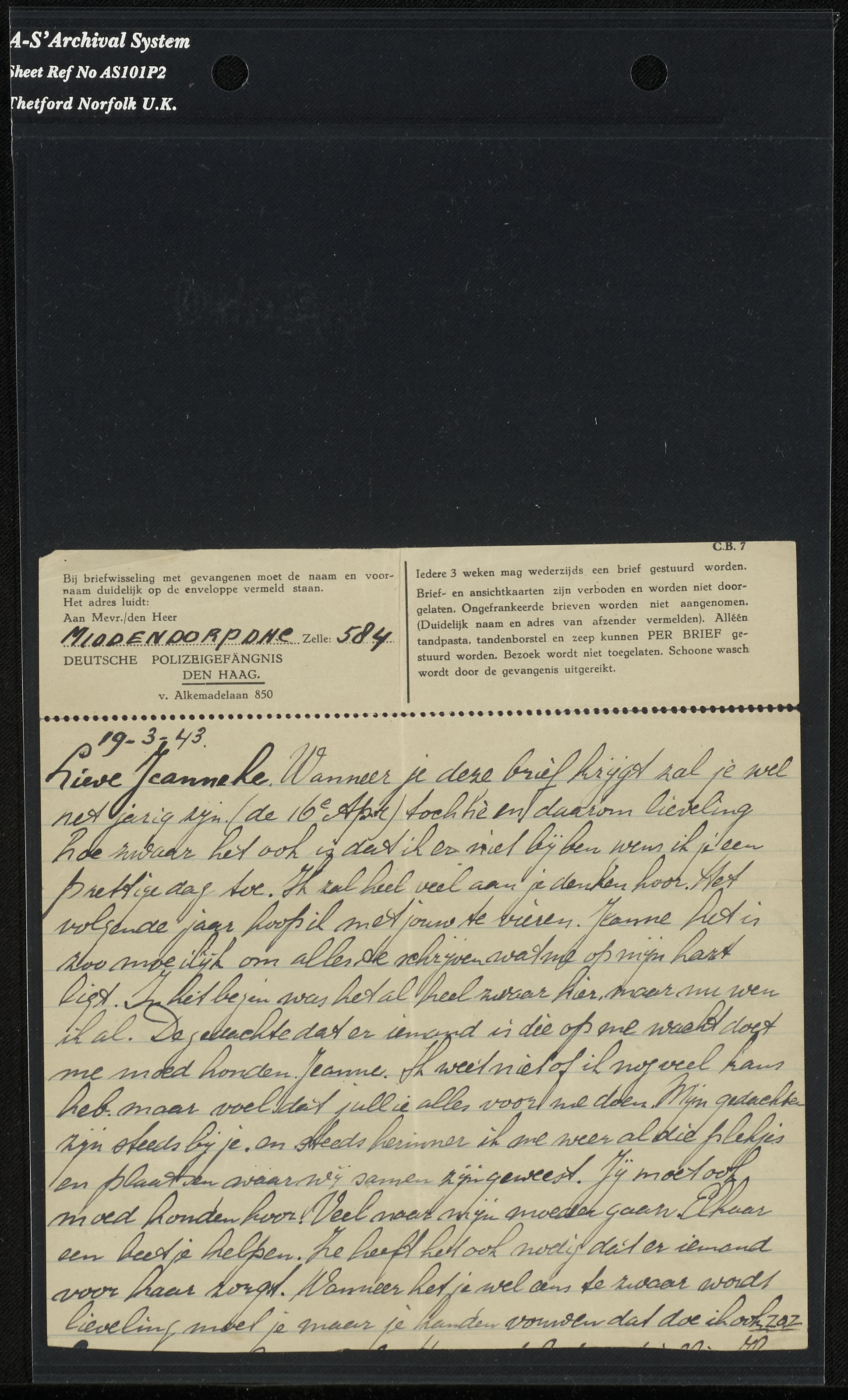 Brief van Henny Middendorp aan Jeanneke vanuit het Oranjehotel, 9 april 1943.