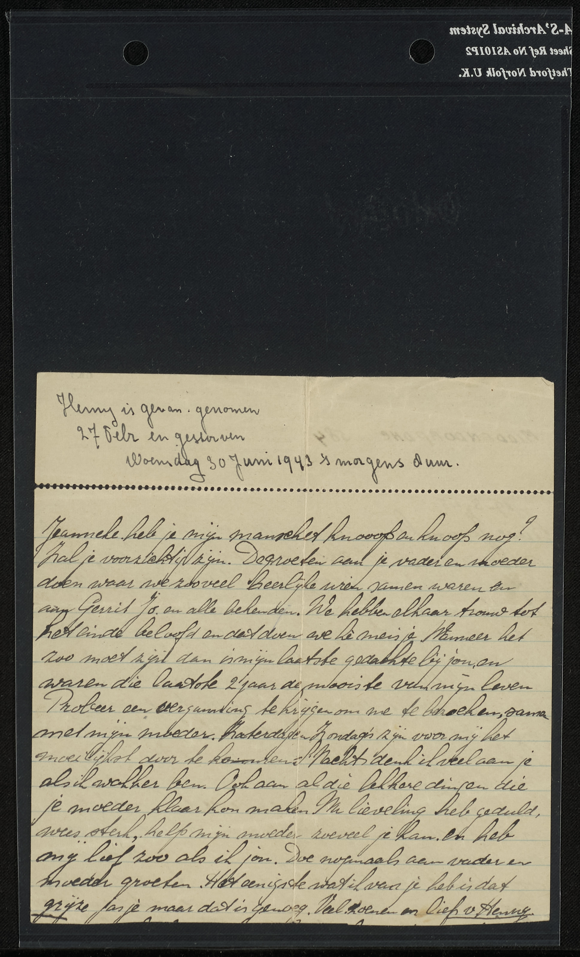 Brief van Henny Middendorp aan Jeanneke vanuit het Oranjehotel, 19 maart 1943.