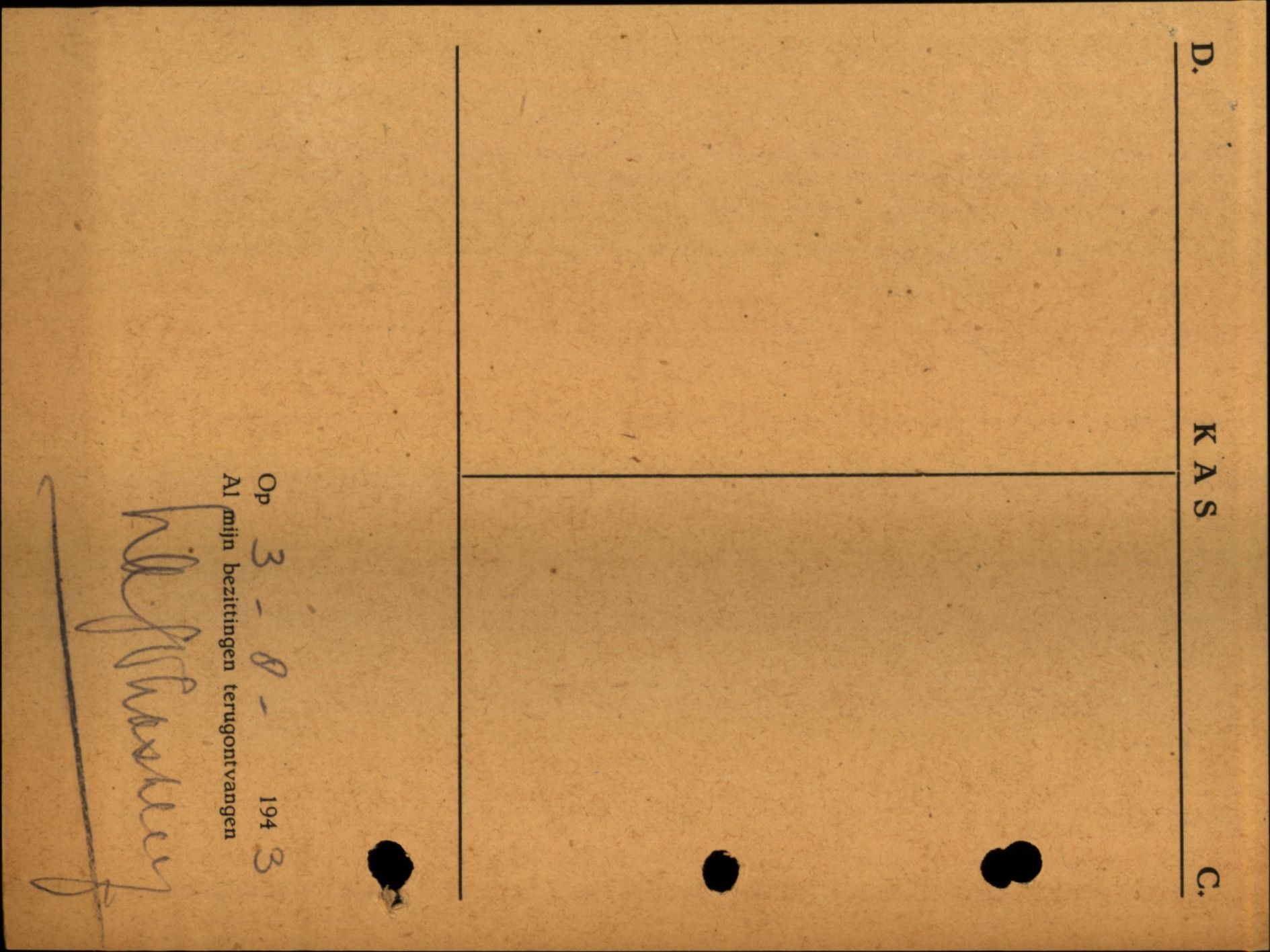 Achterkant arrestatiekaart van Leo Lashley Archief van Gemeentepolitie Rotterdam, 1943.