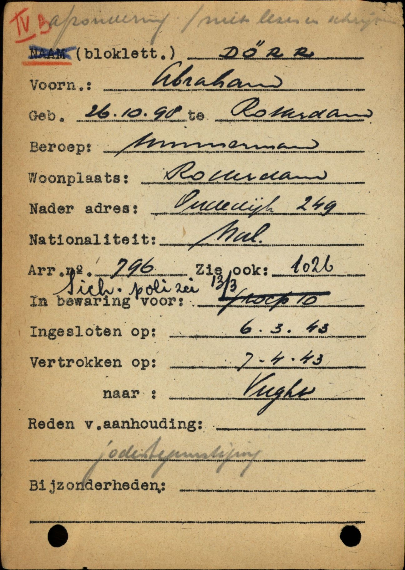 Formulier van opname en ontslag van Abraham Dorr