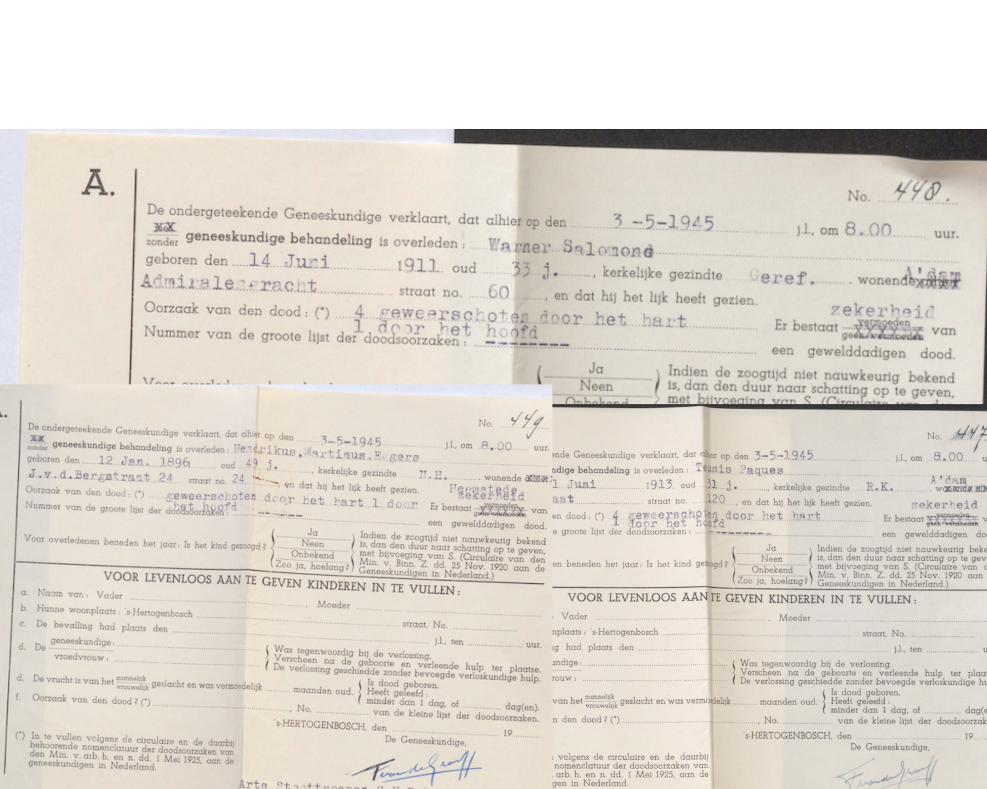 Doodsbriefjes van de drie geëxecuteerde spionnen: Warner Salomons, Teun Pâques en Henk Eggers.