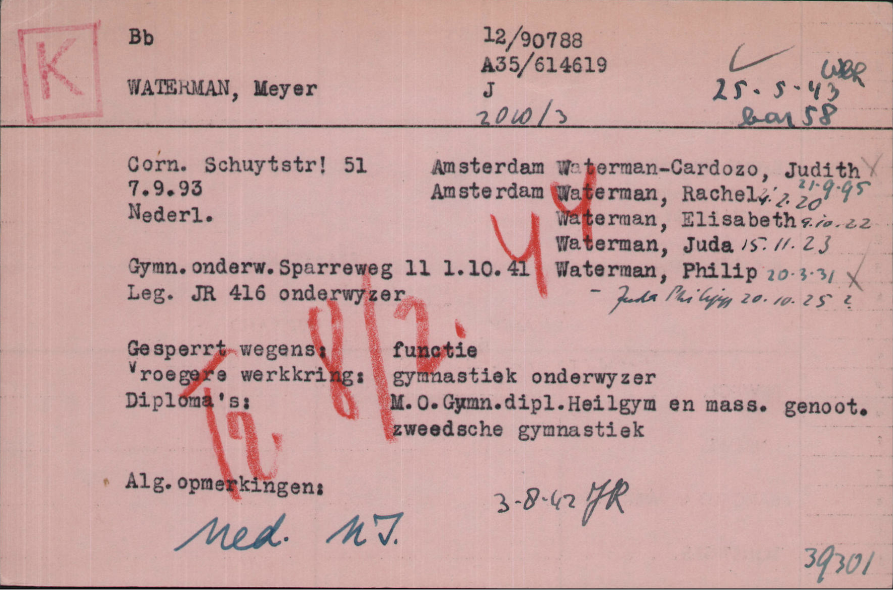 Joodse Raad Cartotheekkaart van Meijer Waterman, de vader van Tox. Haar ouders, broers en zus kwamen om het leven in Auschwitz.