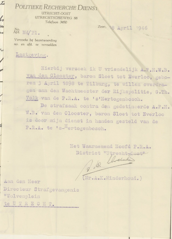Brief over de strafzaak tegen Constant Arnold Franciscus Herman Willy Bernard van den Clooster Sloet tot Everlo van 18 april 1946.