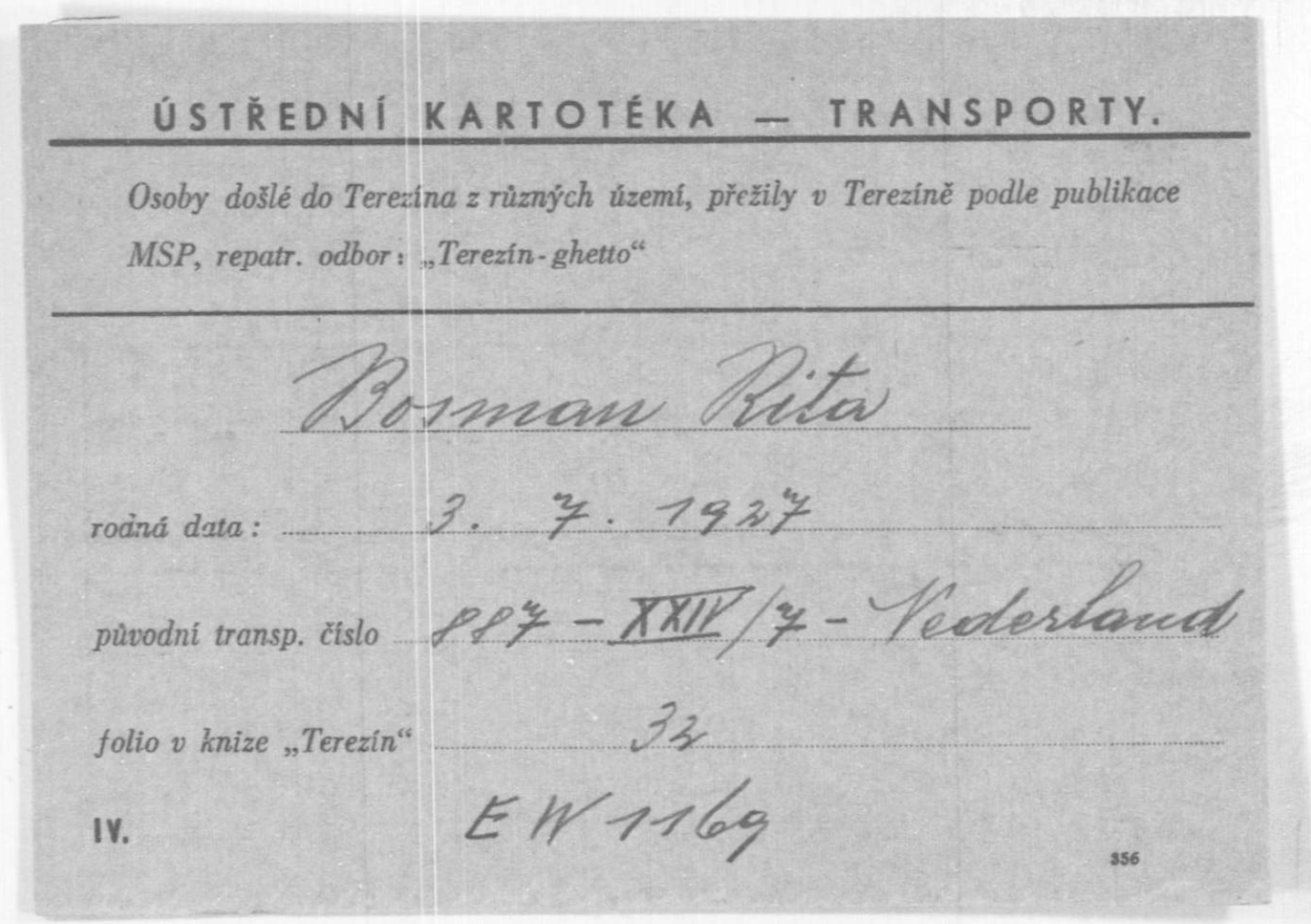 Transportkaart van Rita Lensink-Bosman naar Theresienstadt.
