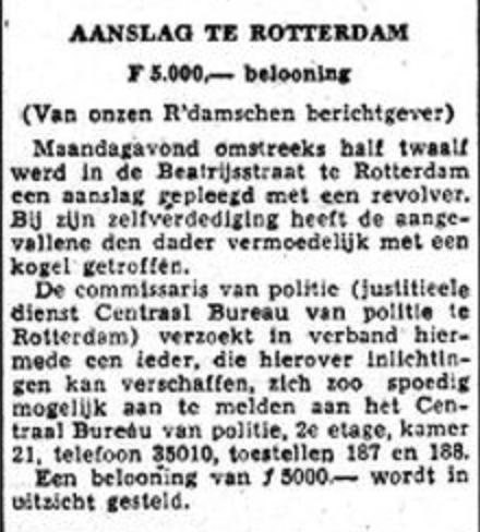 Het nationale dagblad van 6 mei 1942 over de aanslag op chef van groep 10 Jacob Breugem.