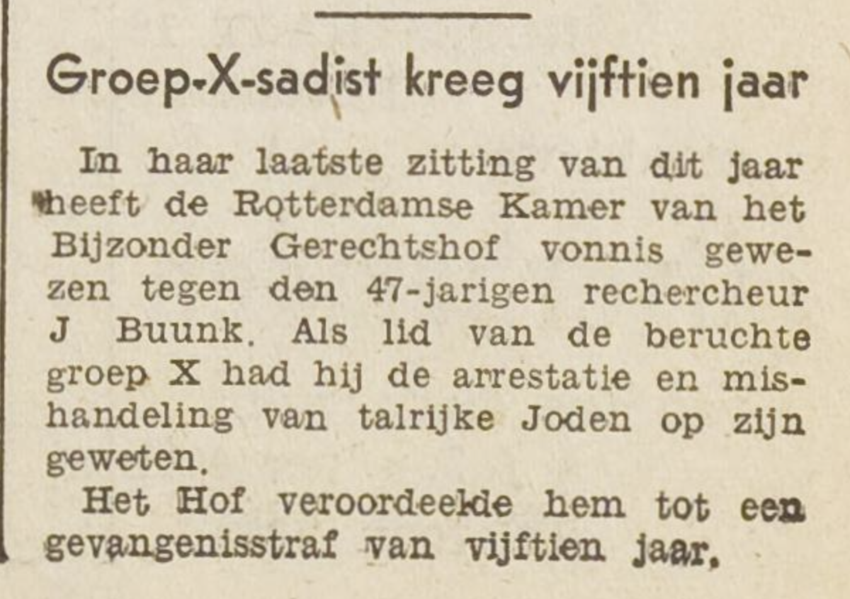 Het vrije volk van 21 december 1946 over het vonnis tegen Hendrik Johannes Buunk.