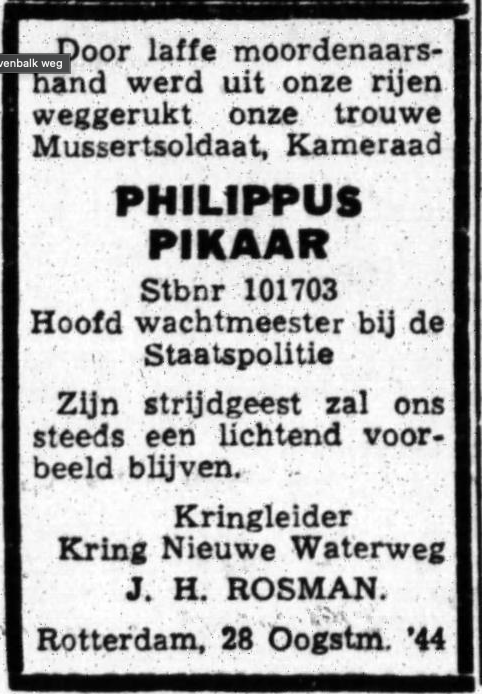 Overlijdensbericht van groep 10 lid Philippus Pikaar.