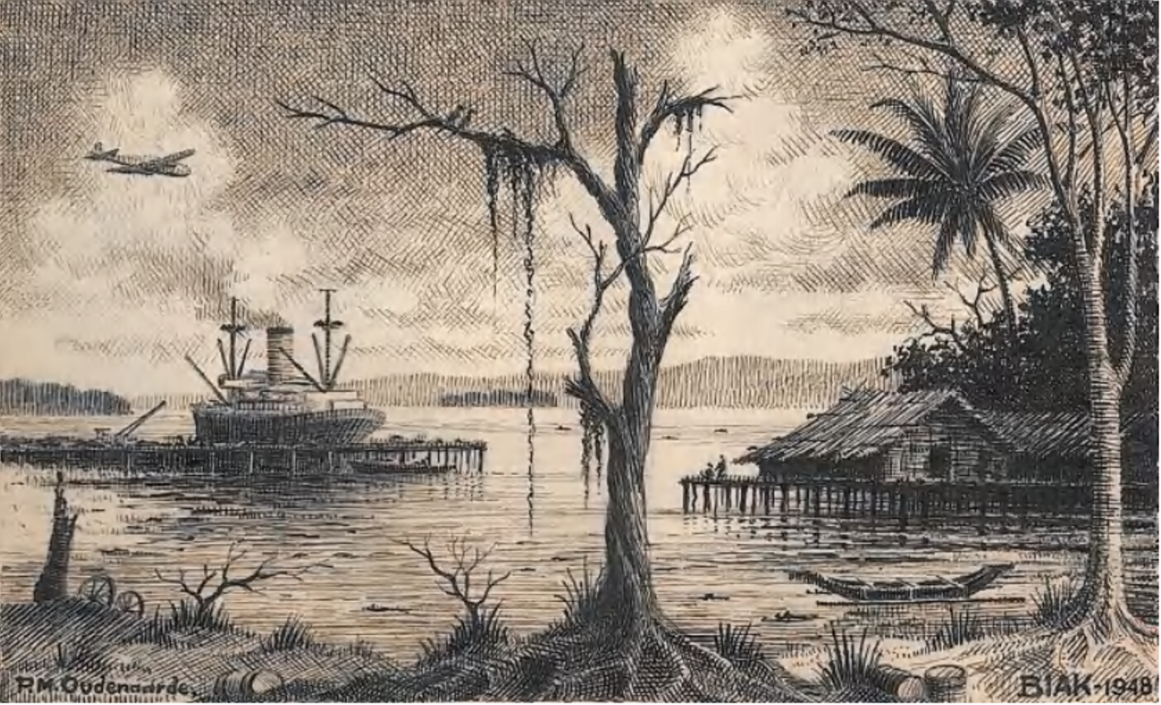 Tekening van de rede van Biak gemaakt door Petrus Marie Oudenaarde, een van de veroordeelde collaborateurs die naar Nieuw-Guinea ging.
