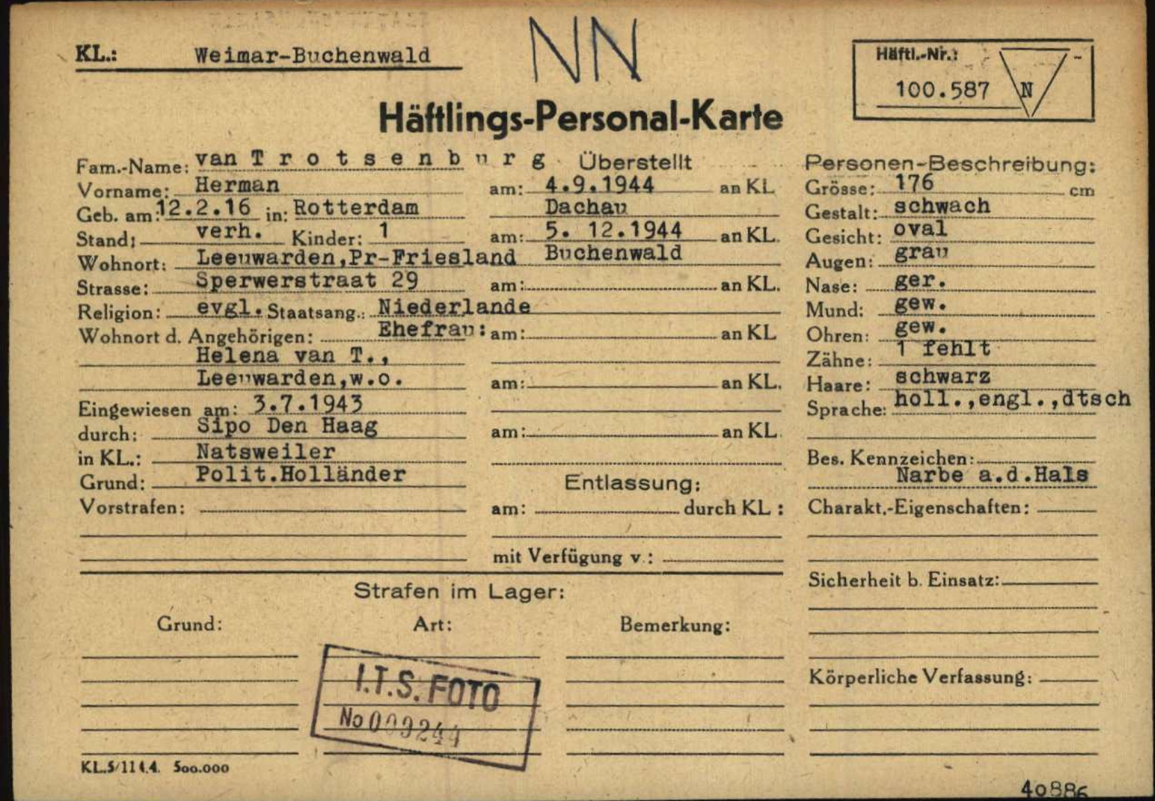 Kampadministratie van Herman Trotsenburg uit Kamp Buchenwald