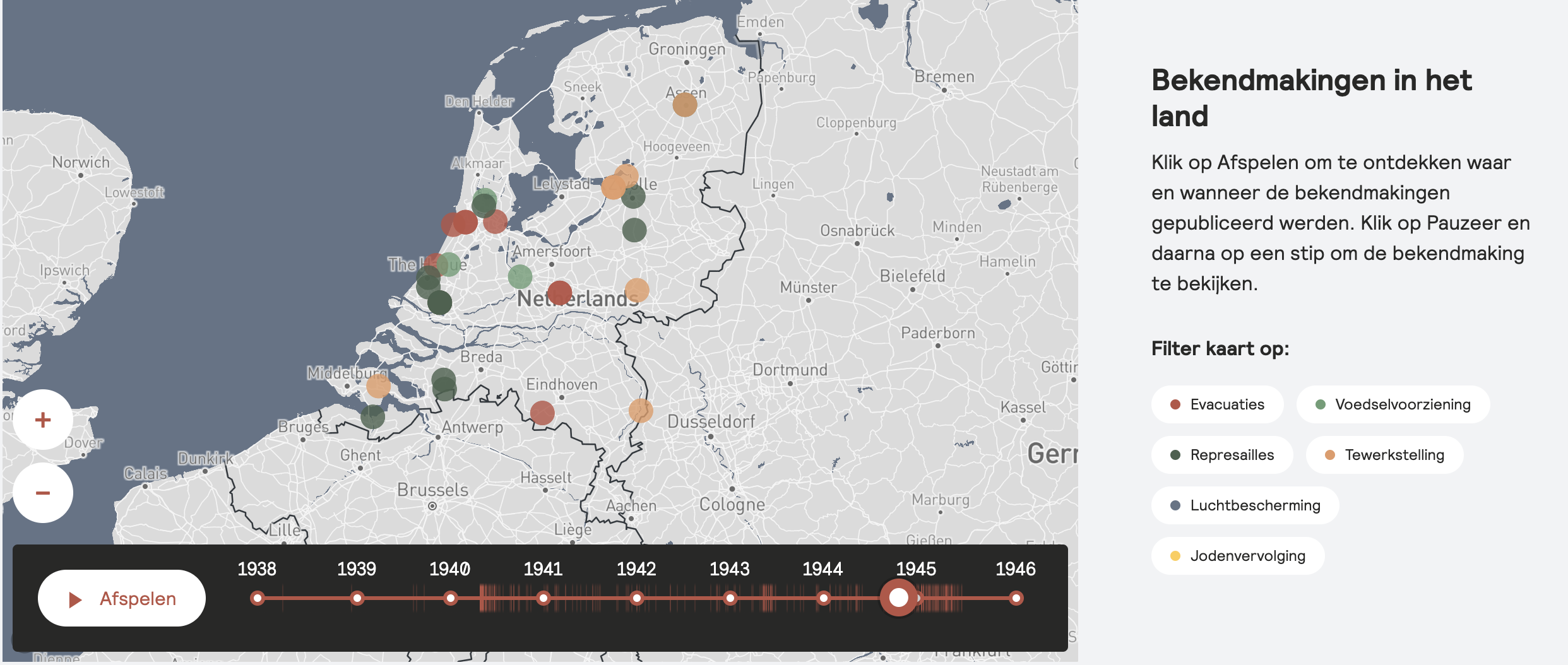 Gepubliceerde bekendmakingen op de kaart van Nederland overzichtelijk gemaakt. Elke categorie heeft een kleur, zodat bij bijvoorbeeld de bekendmakingen over ‘Represailles’ alleen de donkergroene bolletjes zichtbaar worden.