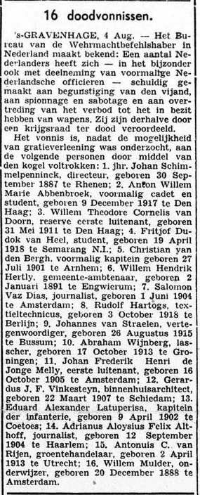 Nieuwsbericht van het doodvonnis in De Graafschap-Bode van 6 augustus 1943