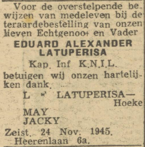 Dankbetuiging n.a.v. herbegrafenis van Latuperisa