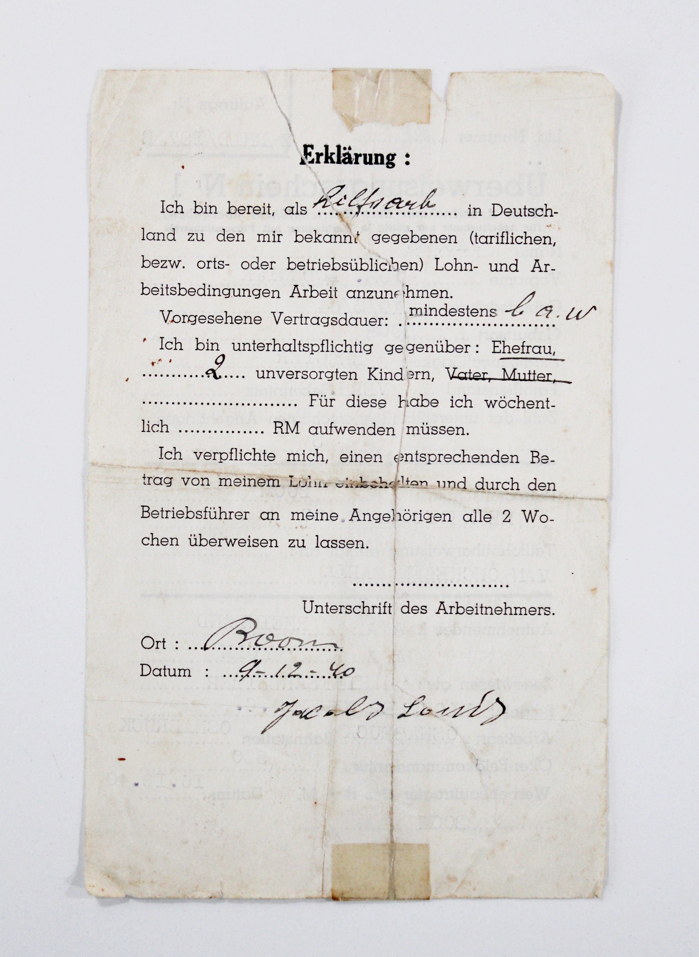 Verklaring van vrijwillige arbeidsinzet in Duitsland van 9 december 1940