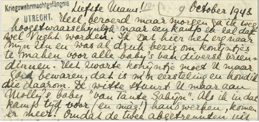 Een briefje aan haar moeder uit de Kriegswehrmachtsgefängnis te Utrecht, oktober 1943