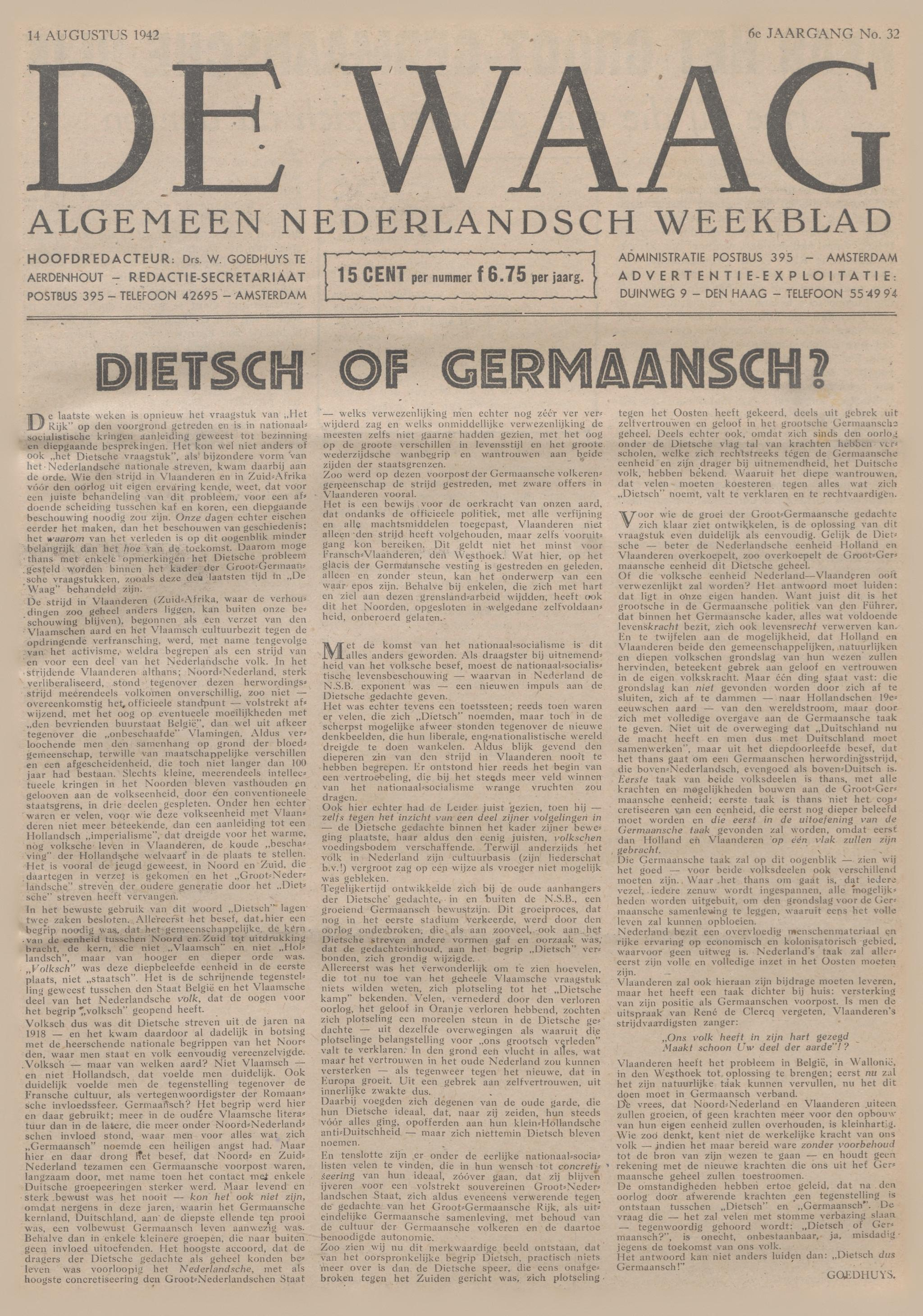 Krantenartikel uit De Waag van 14 augustus 1942. In de zomer van 1942 heeft er binnen De Waag een machtswisseling plaatsgevonden, waarna de krant zich openlijk aan de kant van de Nederlandsche SS schaart.