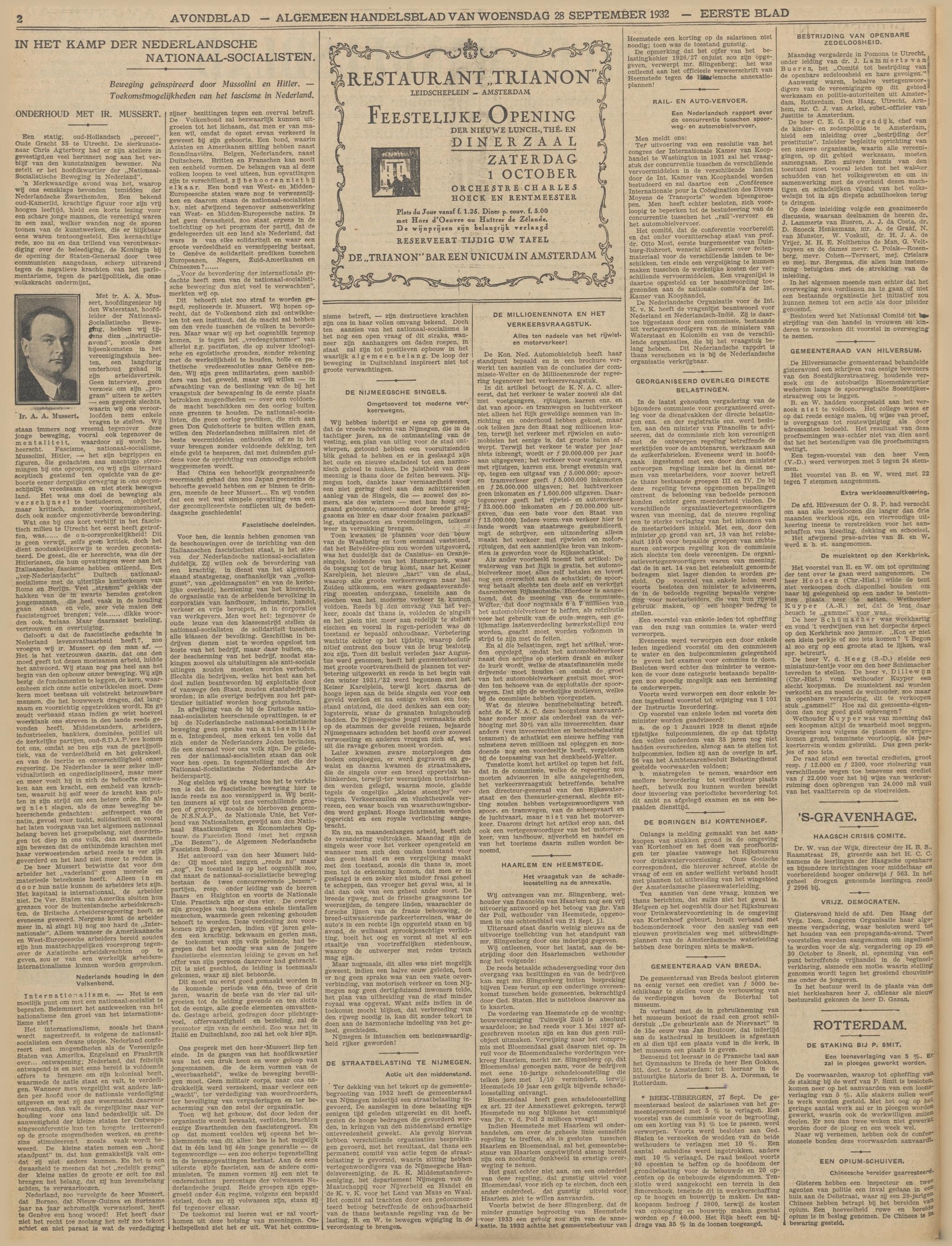 Interview met Mussert in het Algemeen Handelsblad van 28 september 1932. Bron: Delpher.