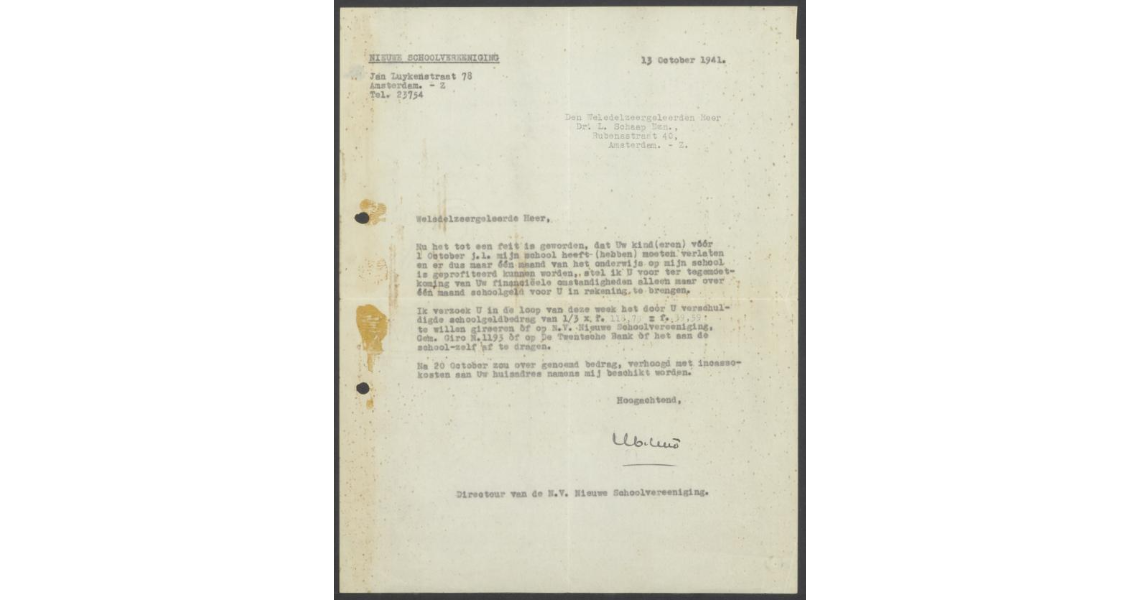 Brief van de Nieuwe Schoolvereniging aan dr. L. Schaap inzake de bepaling dat per 1 september 1941 Joodse kinderen niet meer worden toegelaten tot openbare en niet-Joodse bijzondere scholen.
