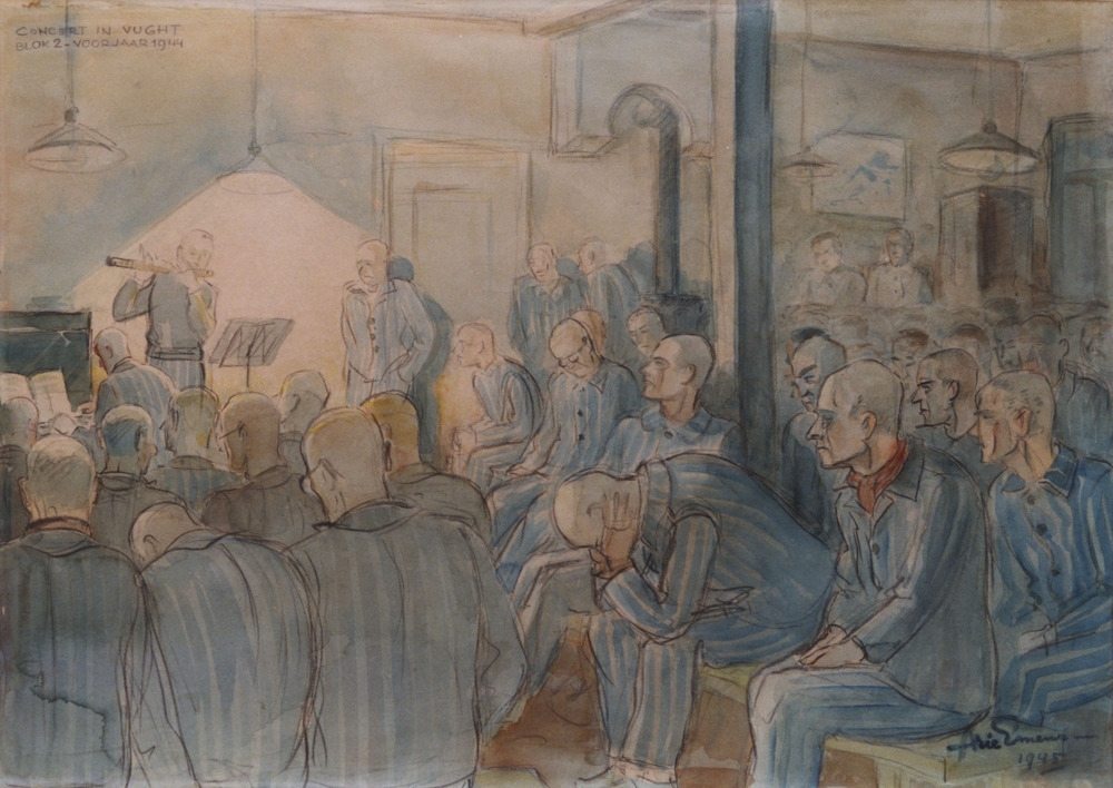 Een aquarel van Arie Emens van een concert in Vught blok 2.