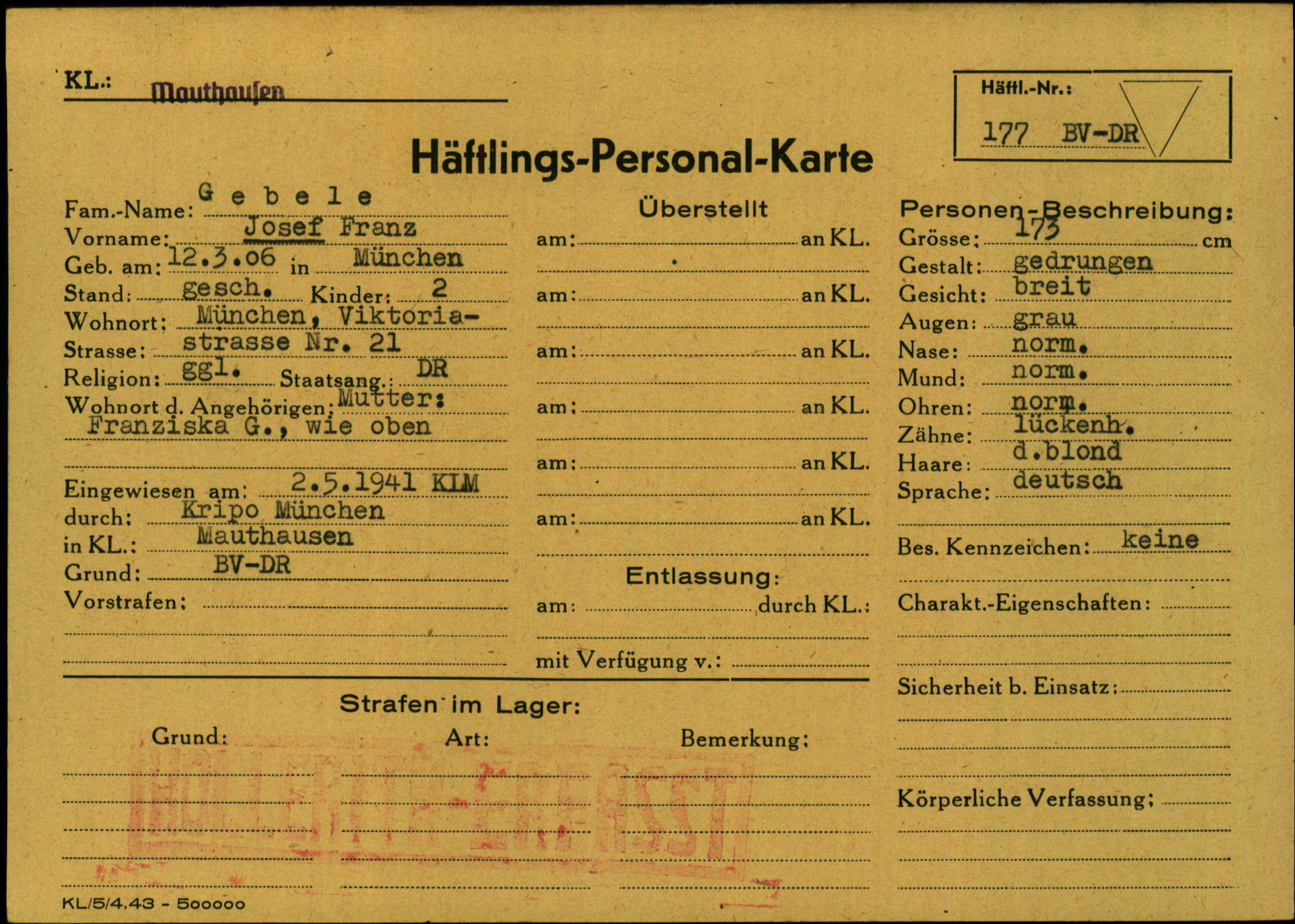 Franz Joseph Gebeles "Häftlings-Personal-Karte" van kamp Mauthausen