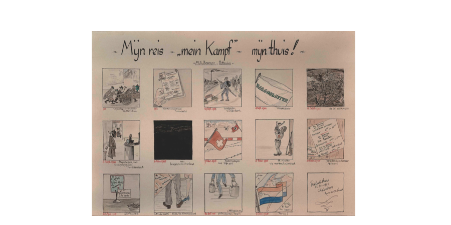 Tekening van de reis van Alexander Bosman gemaakt door kunstenaar Ralph Prins in Zwitserland.