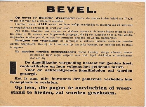 Bekendmaking uit 1942 waarin wordt aangekondigd dat alle mannen in de leeftijd van 17 tot en met 40 jaar zich moeten aanmelden voor de arbeidsinzet